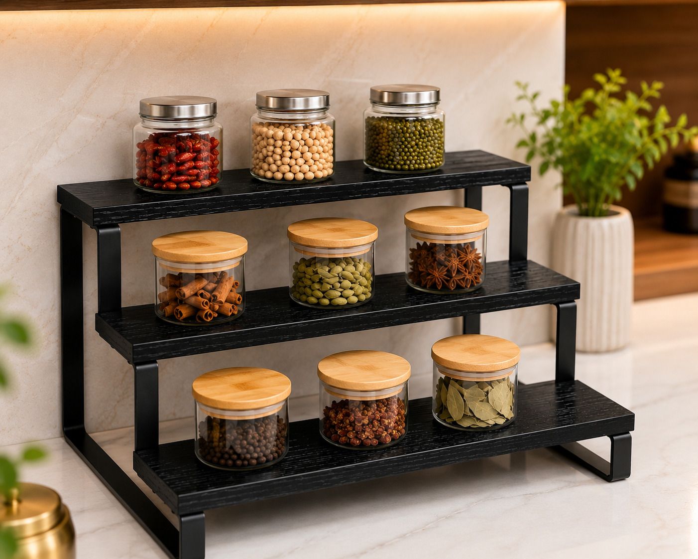 dwhandicraft Utensil Kitchen Rack 3 Tier Black Wooden Countertop Organizer Stand Wood-picture-31