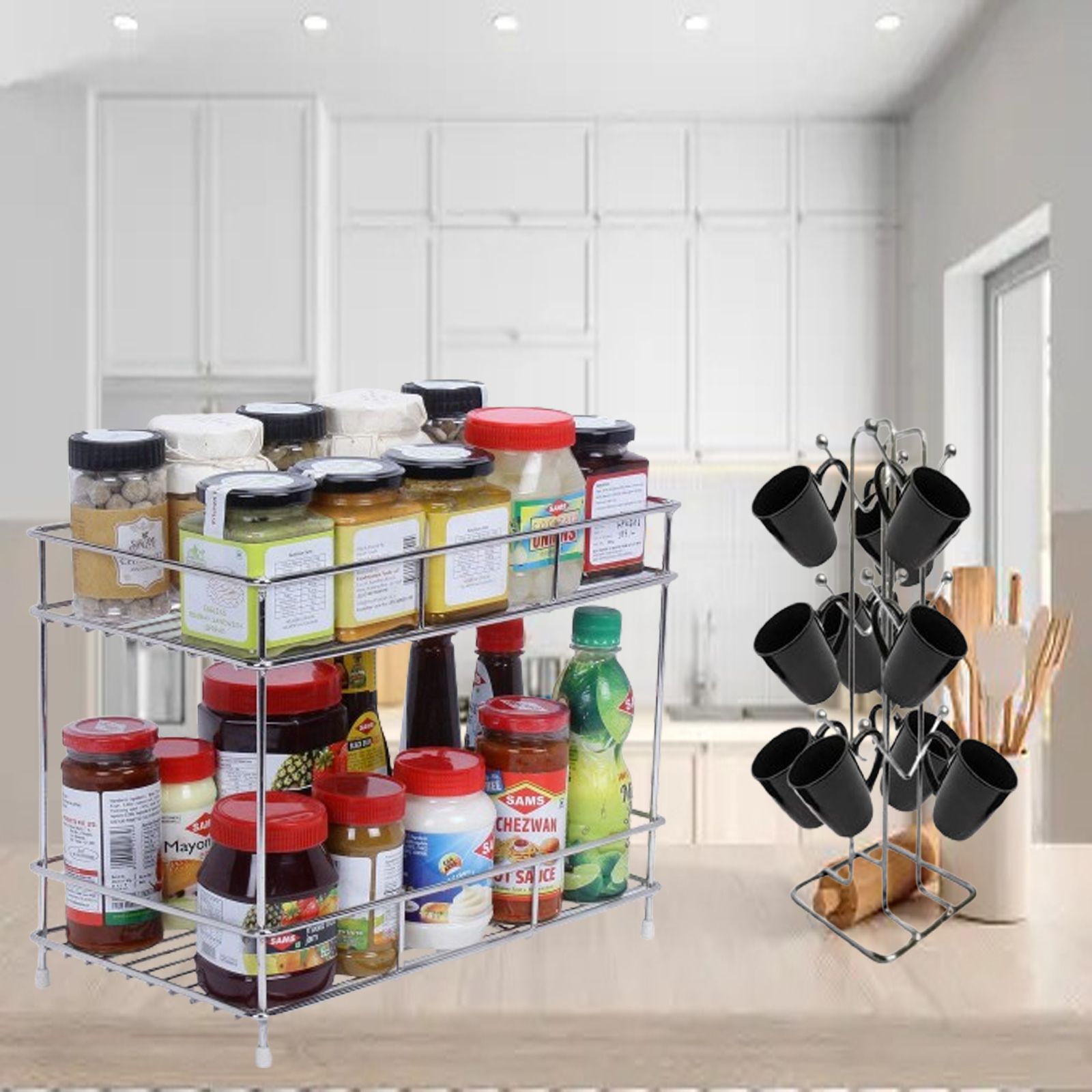 Cutlery Kitchen Rack Combo Heavy Stainless Steel 2 Layer Spice Rack Storage Organizer + Cup Stand Steel-image-42