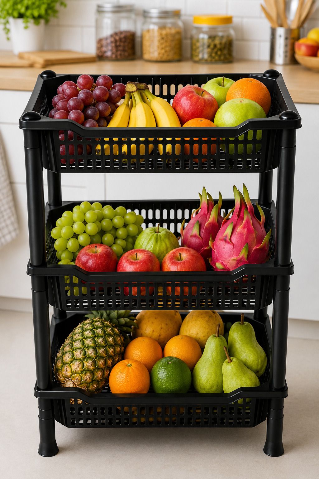 vm bond Fruits/Vegetables Kitchen Rack 3 Tier Multipurpose Plastic Storage Rack | BLACK Plastic-picture-12