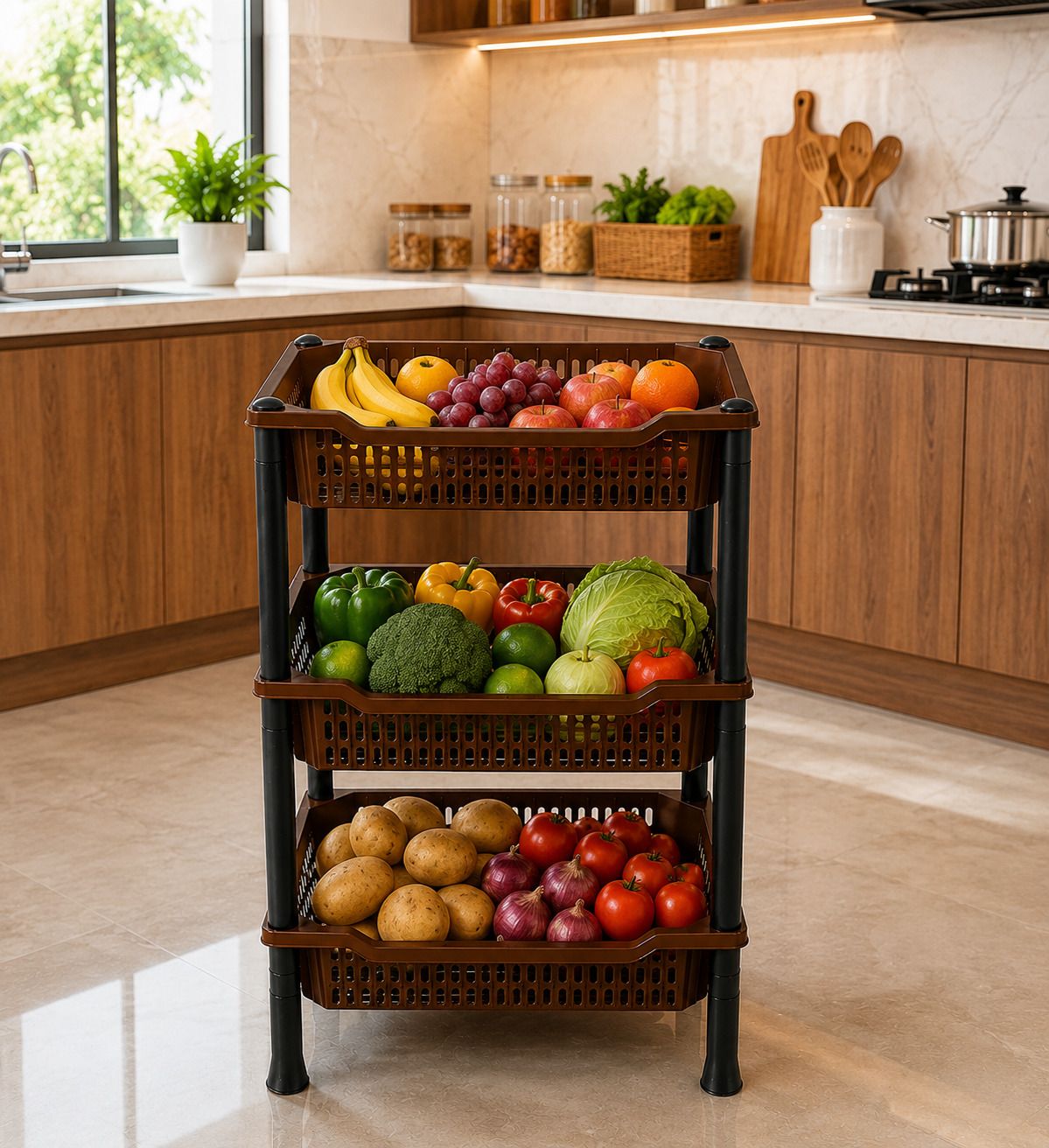 dm plus Fruits/Vegetables Kitchen Rack 3 Tier Multipurpose Plastic Storage Basket Rack | BROWN Plastic-picture-2
