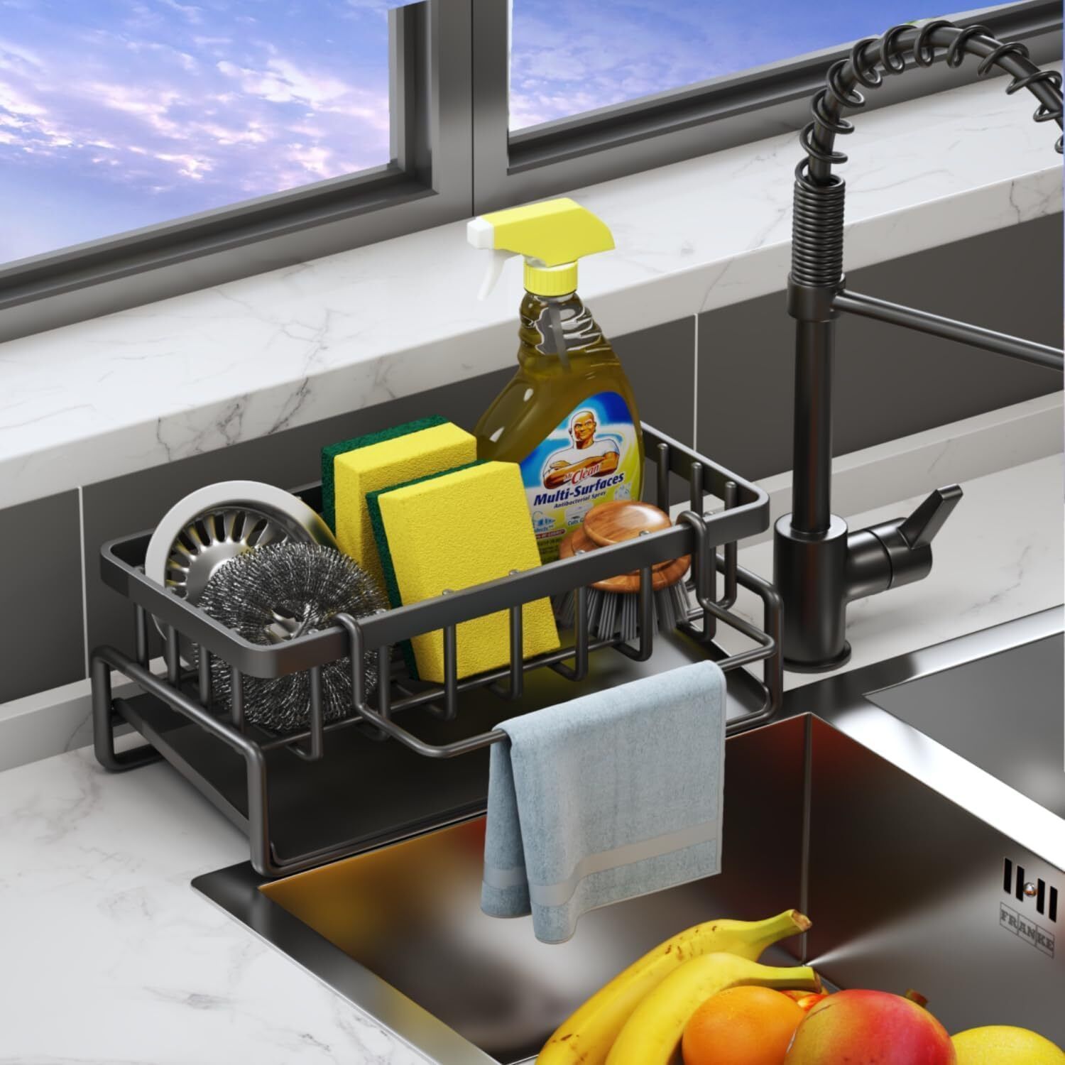 KARUNAMURTI Metal Sponge Holder for Kitchen Sink – Auto-Draining Sink Organizer Aluminium Wall Shelf-image-35