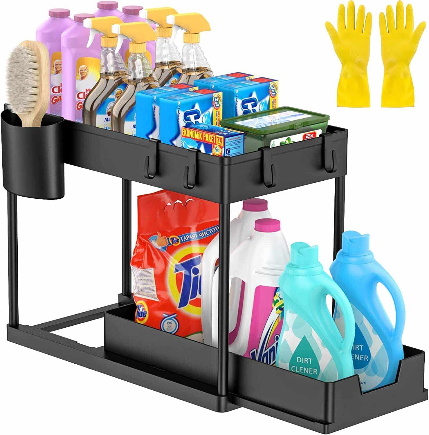 Utensil Kitchen Rack Heavy Duty 2-Tier Pull-Out Under Sink Organizer & Sliding Cabinet Rack Plastic-image-22