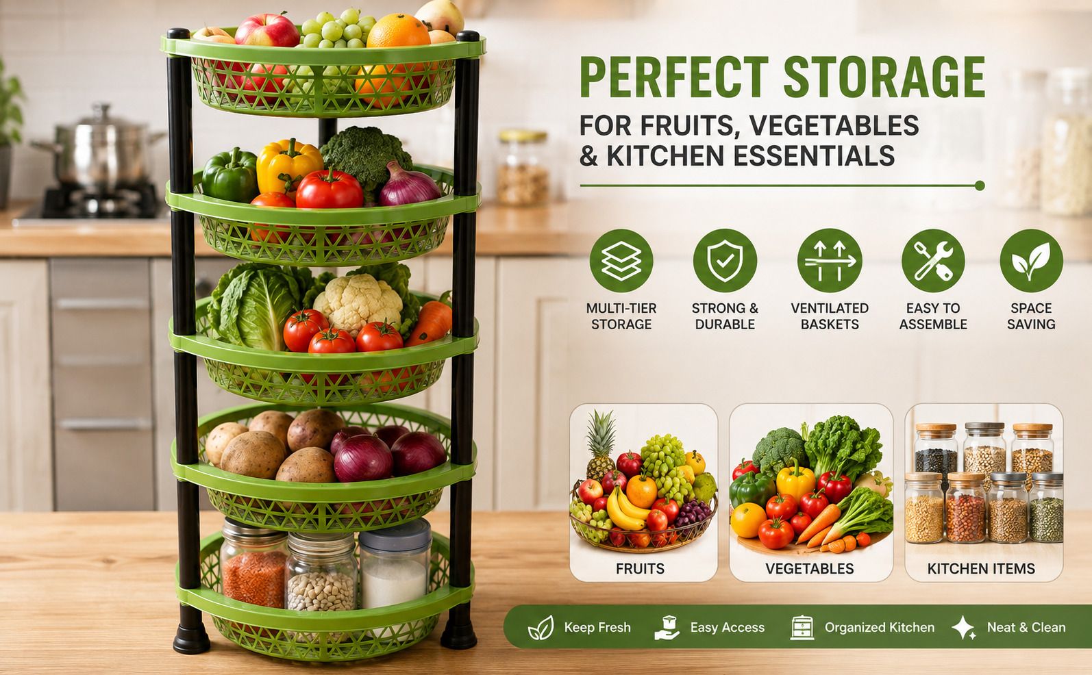 Fruits/Vegetables Kitchen Rack Fruits/Vegetables Kitchen Rack Plastic 4 Layer| Multipurpose Trolley Plastic Plastic-image-35