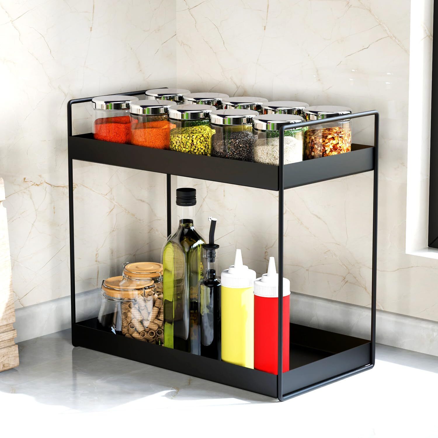 kombuis kitchenware Utensil Kitchen Rack Black 2 Tier Kitchen Rack | Kitchen Pantry Storage Steel-picture-13