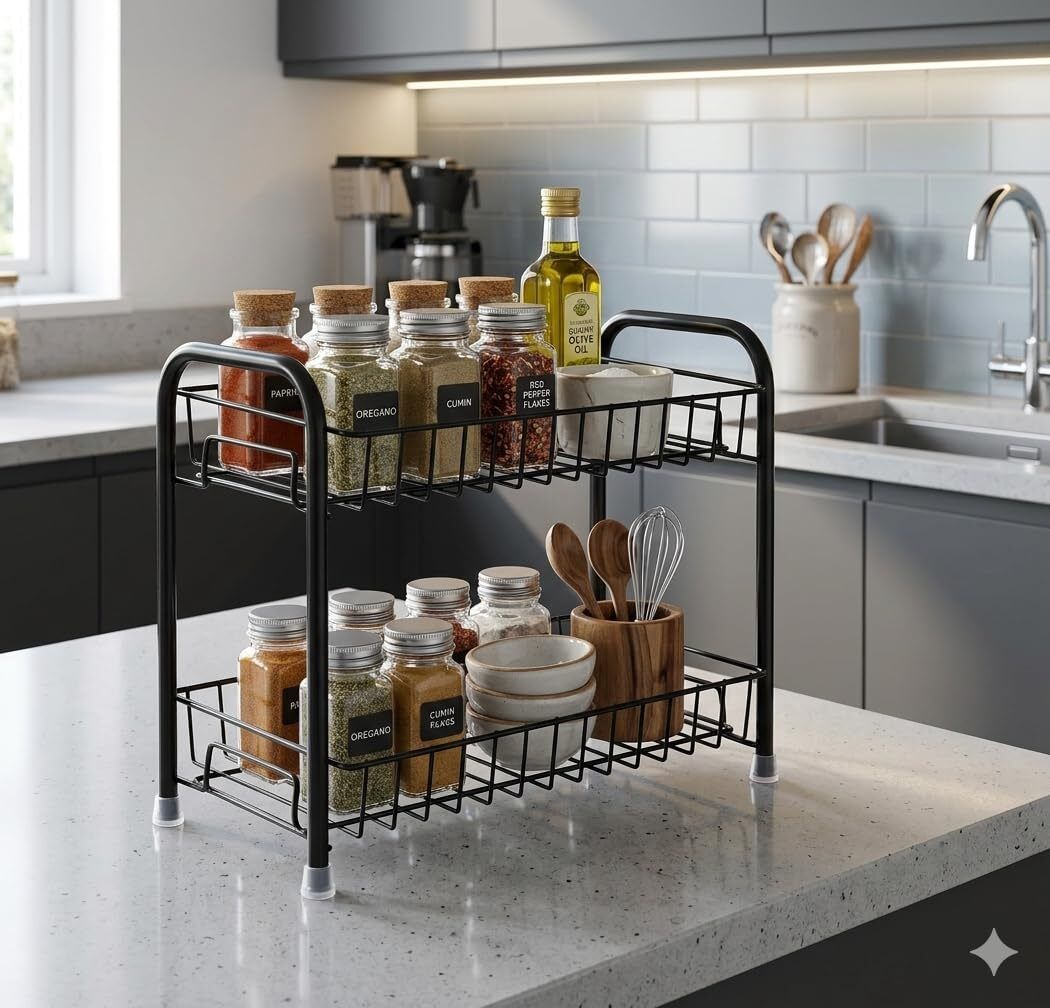chromeplus Fruits/Vegetables Kitchen Rack 2-Tier Metal Kitchen Storage Rack, Black, Freestanding Steel-picture-15
