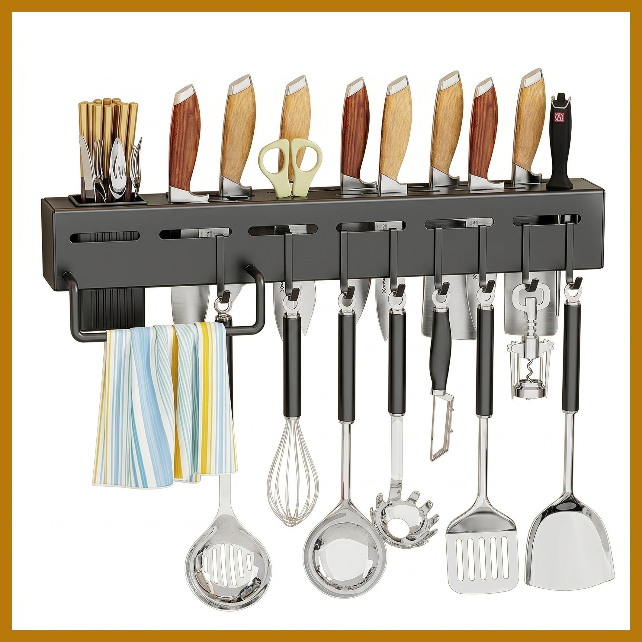 Cutlery Kitchen Rack Wall Mounted Knife Organizer with Hooks | Self Adhesive Premium Metal Iron-image-15