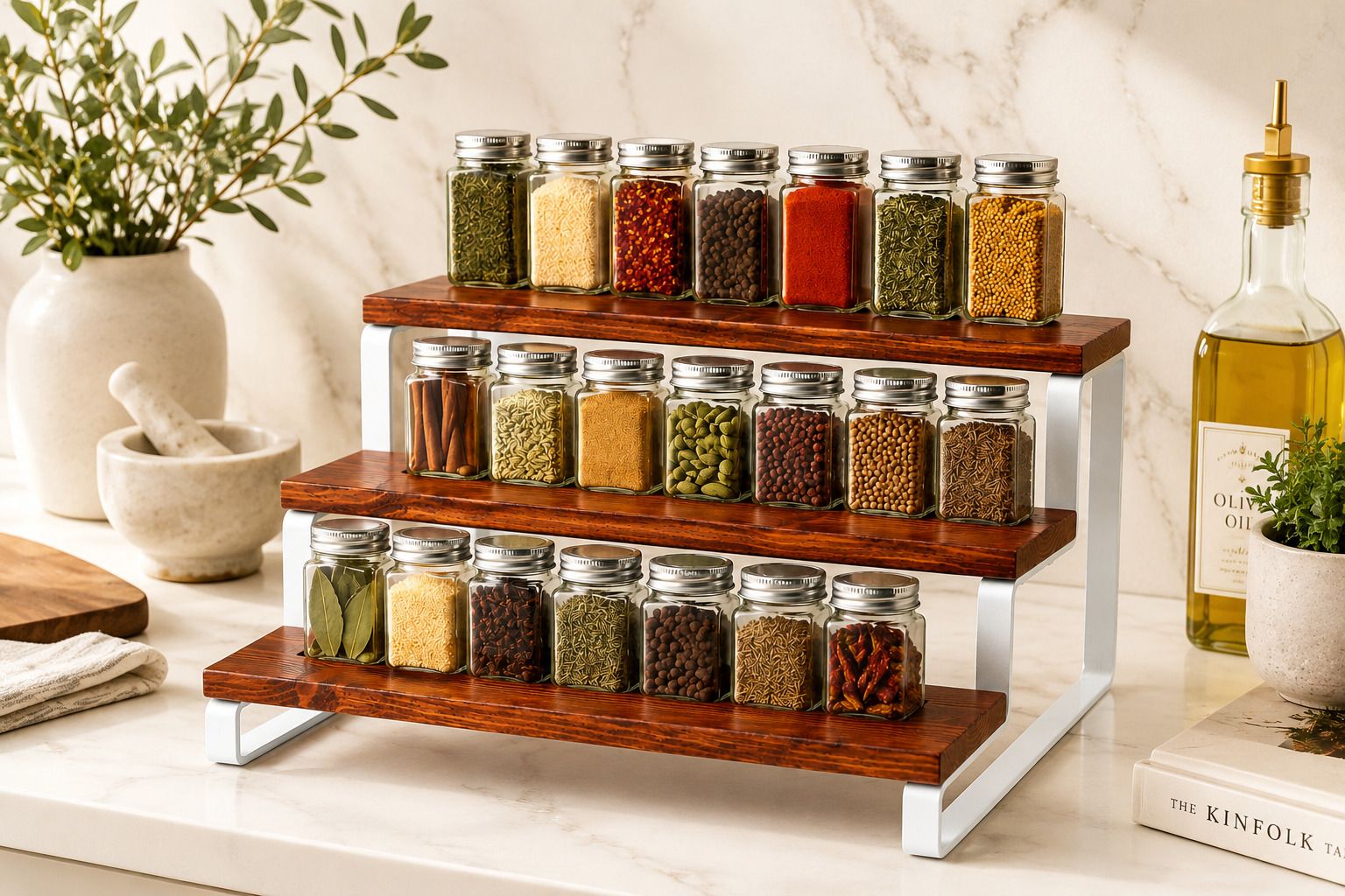 a rhandicrafts Utensil Kitchen Rack Wooden 3 Tier Spice Rack Organizer BROWN WHITE Wood-picture-19