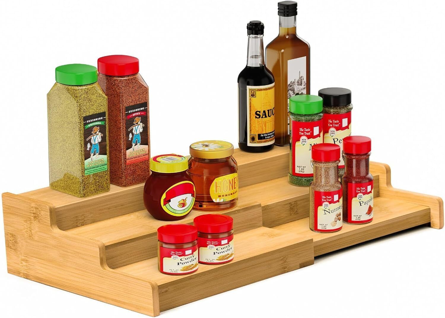 on gate Cutlery Kitchen Rack Bamboo Spice Rack Organiser, 3-Tier Expandable, 12.7-22.2 cm | Adjustable Width Wood-picture-0