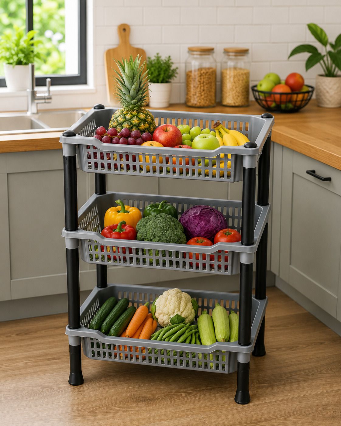 dm plus Fruits/Vegetables Kitchen Rack 3 Tier Multipurpose Plastic Storage Basket Rack | Grey Plastic-picture-3