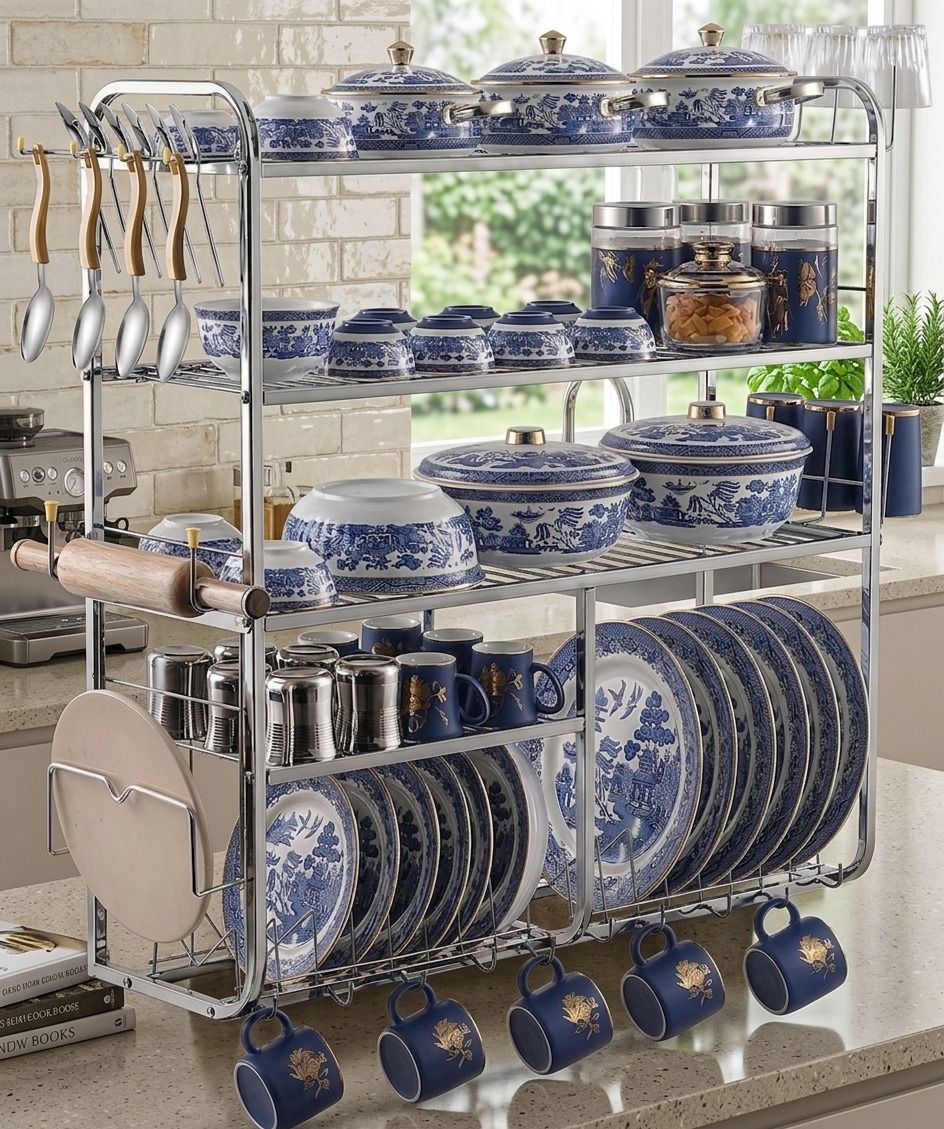 Utensil Kitchen Rack 5 Shelves Dish Rack| Steel Kitchen Stand | Kitchen Storage Rack | 30 x 30 Inch | Steel-image-40