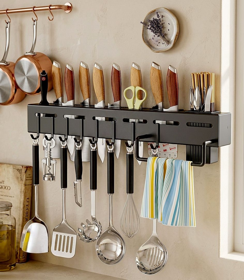 homemet Utensil Kitchen Rack Wall Mounted Knife Holder Utensil Hanging Rack with Hooks and Napkin Holder Rack Plastic-picture-21
