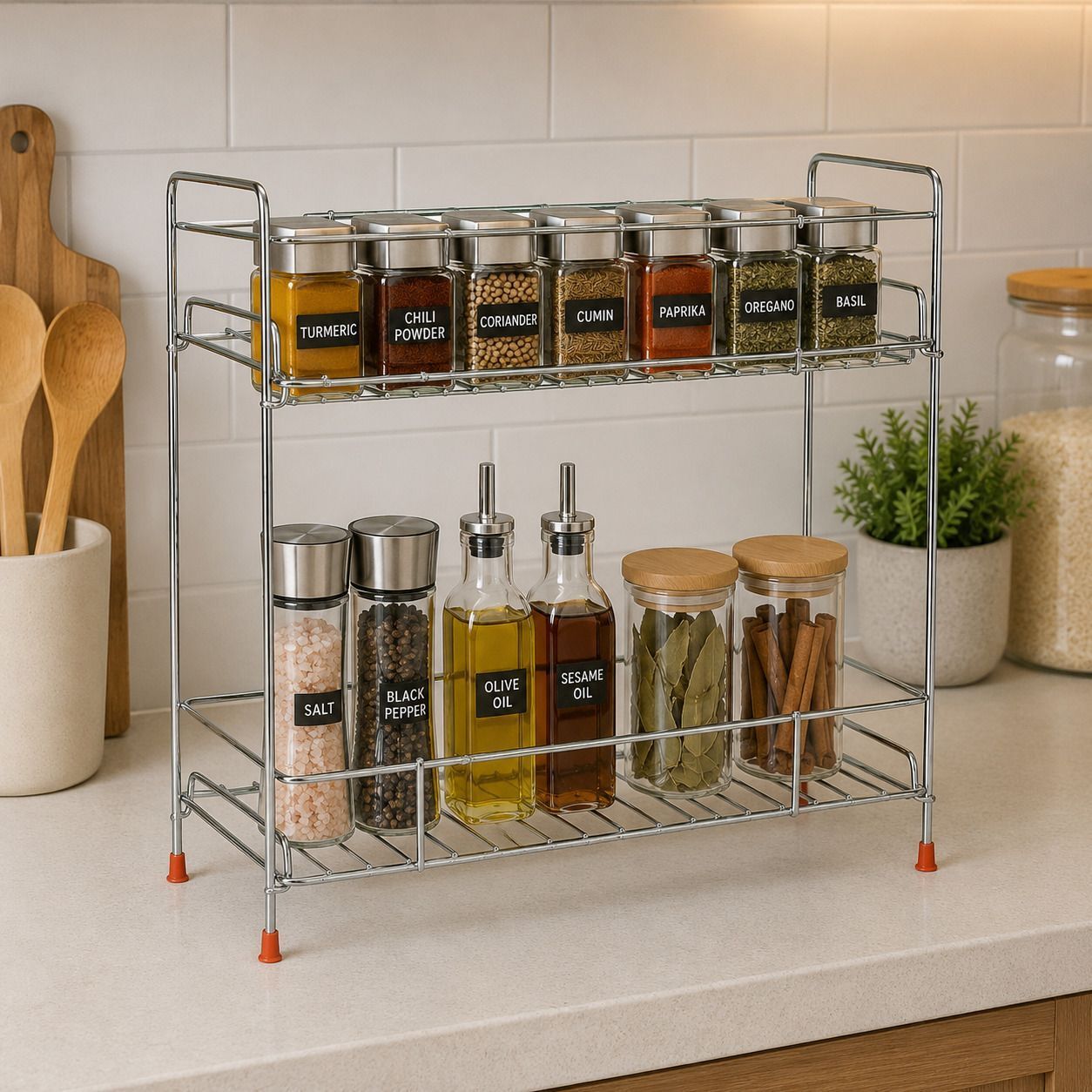 Containers Kitchen Rack 2 Tier Kitchen Countertop Spice Container Organizer Rack Steel-image-9
