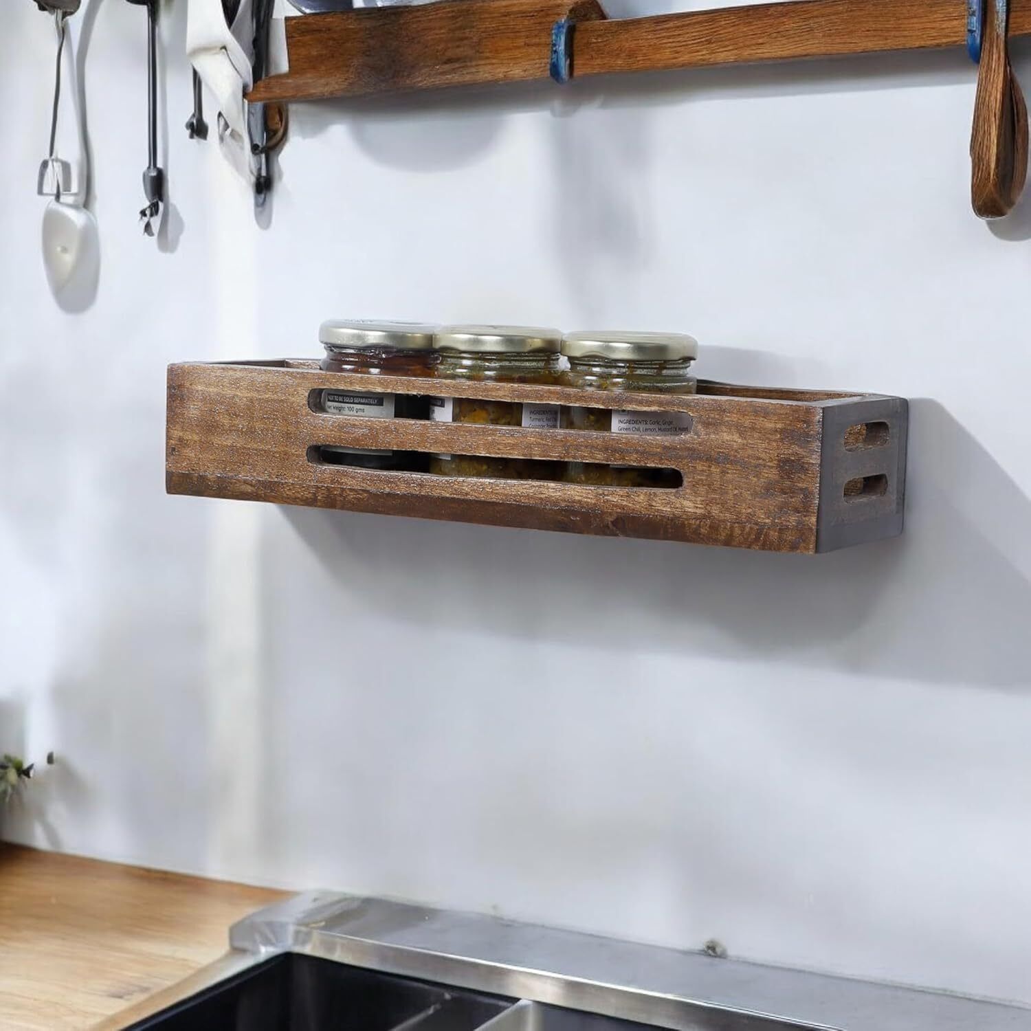 the urban store Containers Kitchen Rack Decorative & Handcrafted Wooden Wall Mount Kitchen Rack/Spice Holder Wood-picture-11