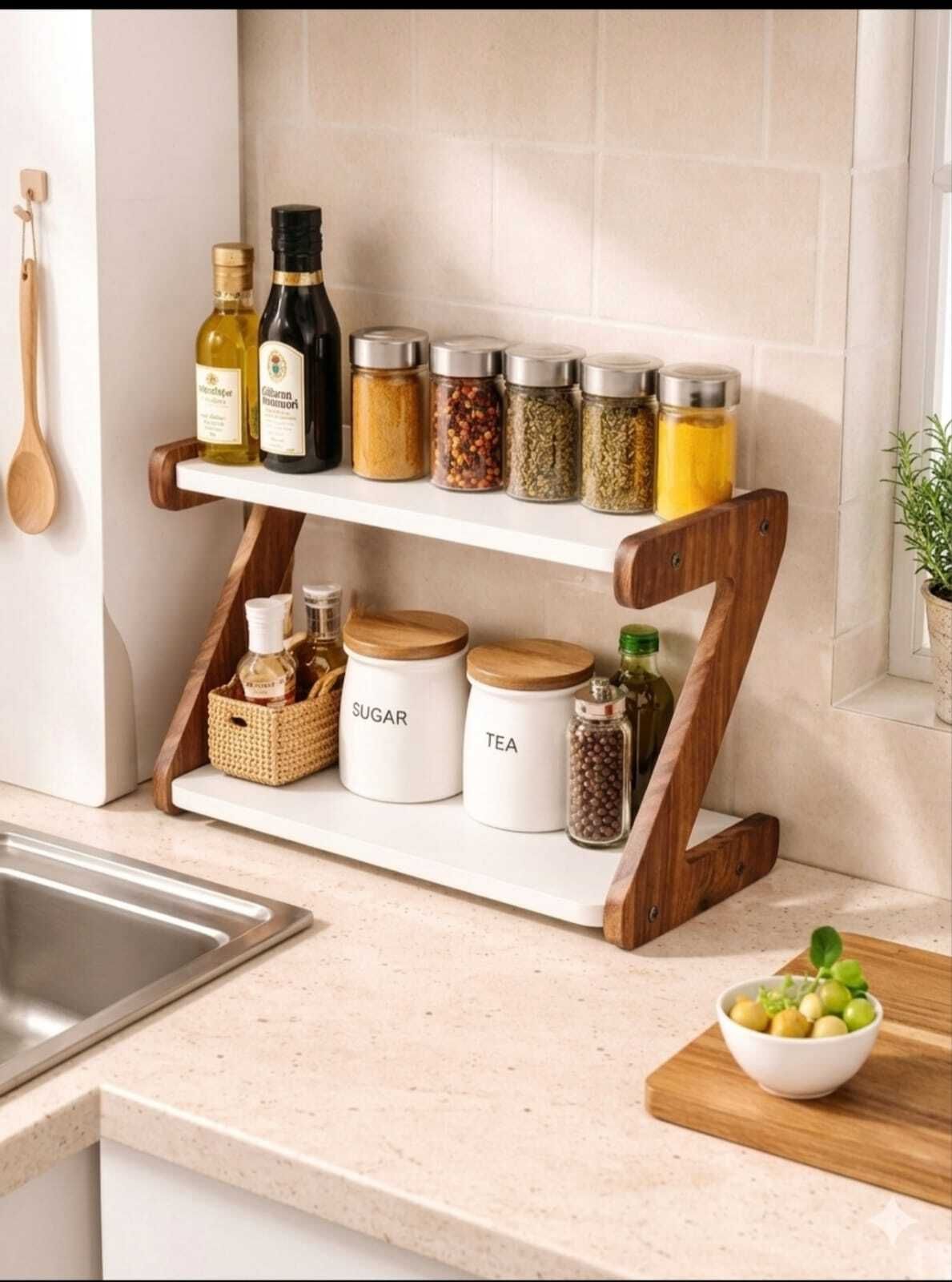 akhlakcraftora Utensil Kitchen Rack Wooden Masala Stand Rack for Oil Bottles, Jars & Containers Wood-picture-13