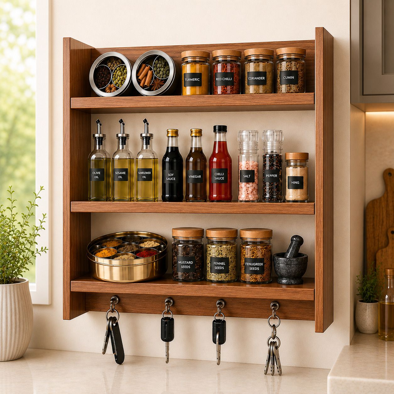 Utensil Kitchen Rack Premium Natural Wood MDF Kitchen Hook Rack | 3 Tier Wall Mounted Spice Rack Wood-image-8