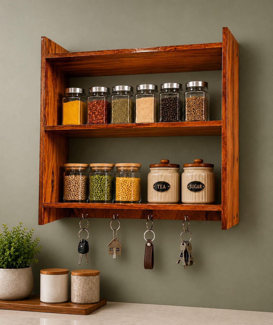 Utensil Kitchen Rack Modern Kitchen Storage Shelf with Hooks | Premium Natural Wood MDF Wall Rack Wood-image-27
