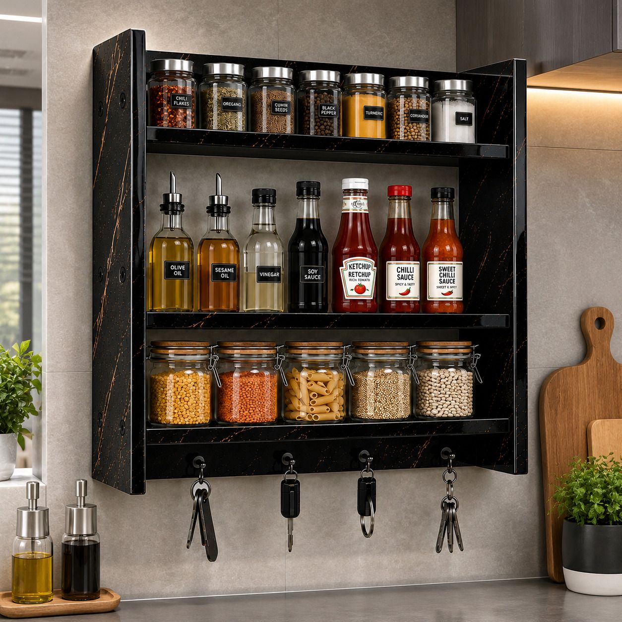 nivanya Utensil Kitchen Rack Black Marble Finish Kitchen Storage Rack with Hooks | Multipurpose Wall Shelf Wood-picture-42