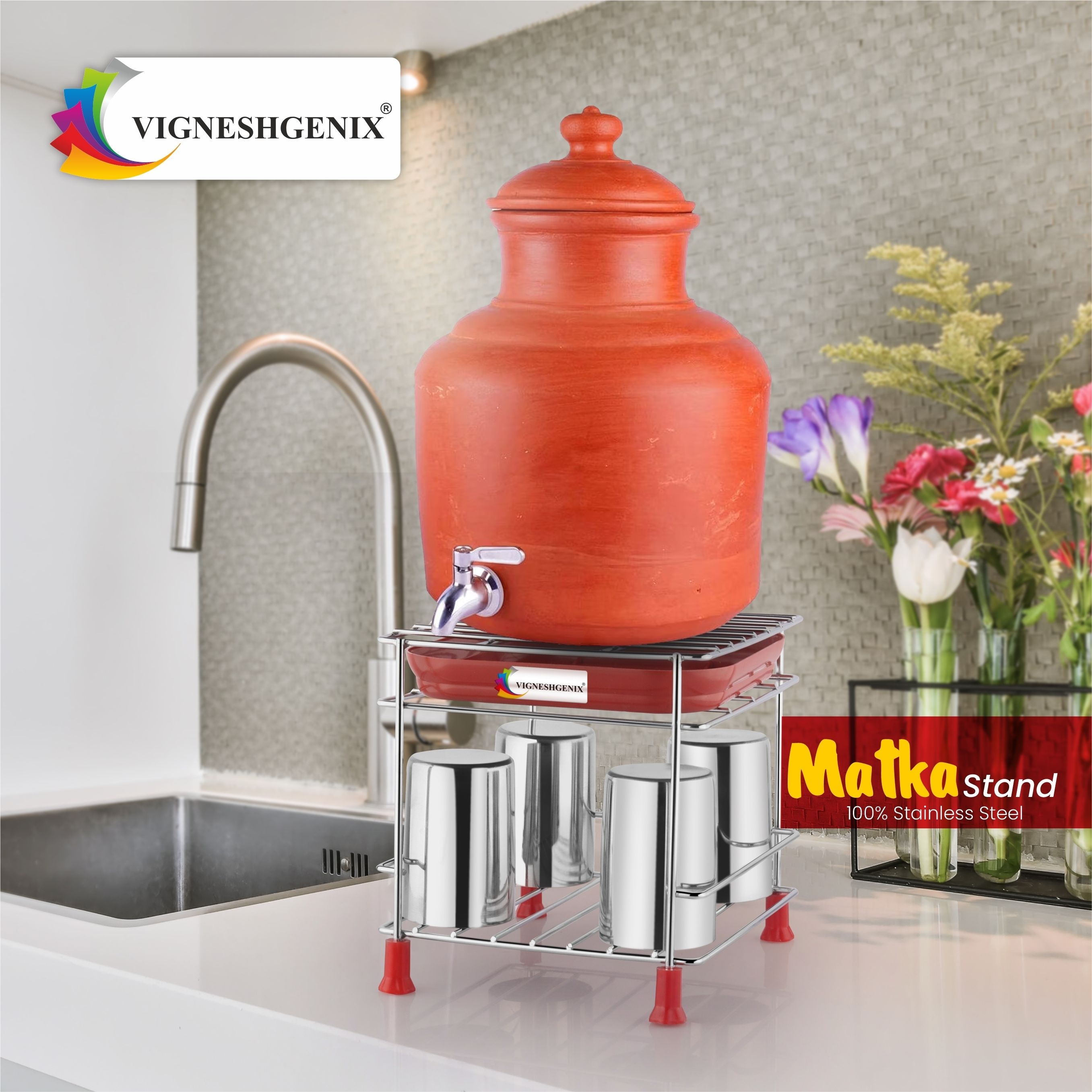 Utensil Kitchen Rack Stainless Steel Matka Stand with Free Tray,Glass Stand, Pot Stand Steel