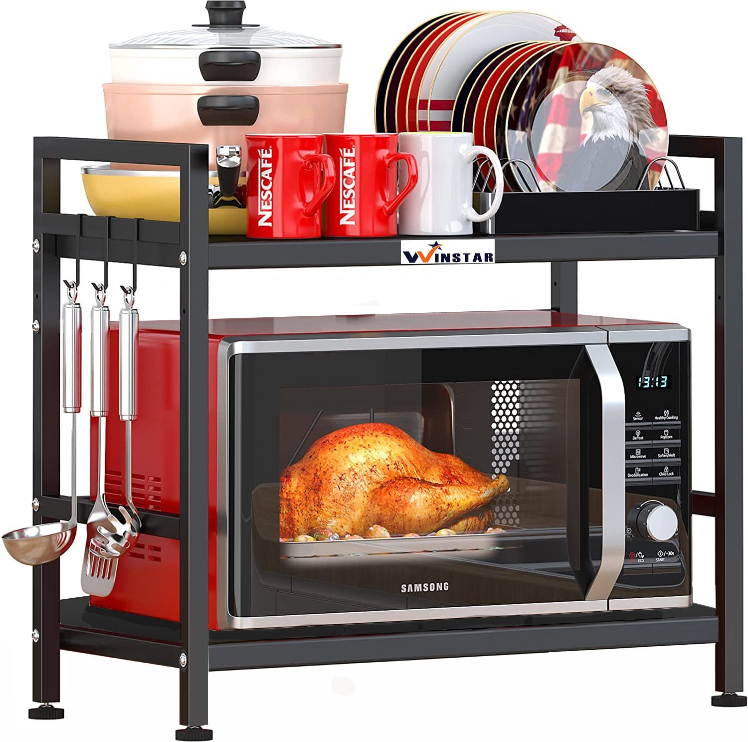 Utensil Kitchen Rack 2-Tier Metal Microwave Stand | OTG Rack for Kitchen Counter (4 Hooks) | Iron-image-46