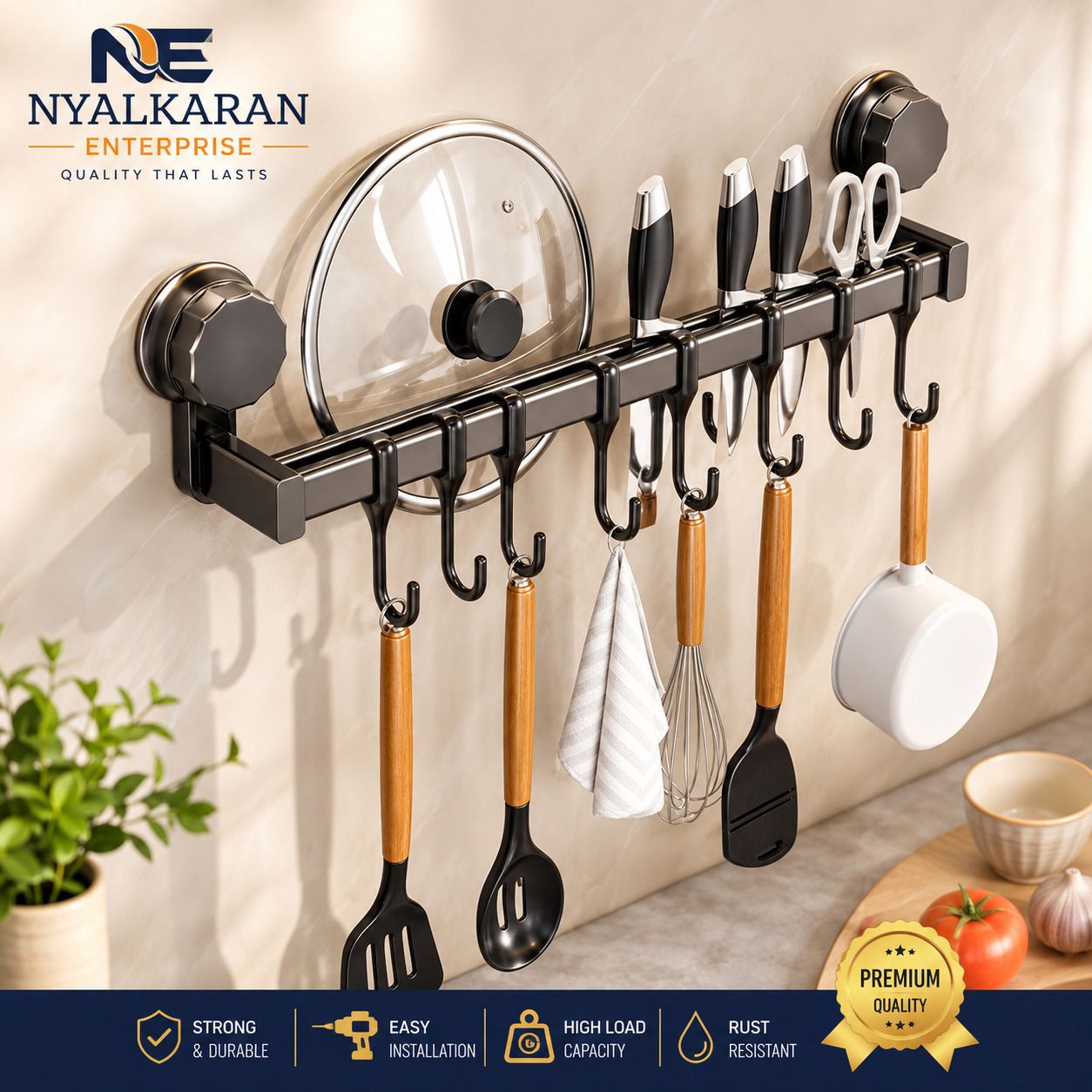 Chakla/Belan Kitchen Rack NE PrimeHook 8– Premium Stainless Steel Wall Mounted Kitchen Organizer Rack Carbon Steel-image-1