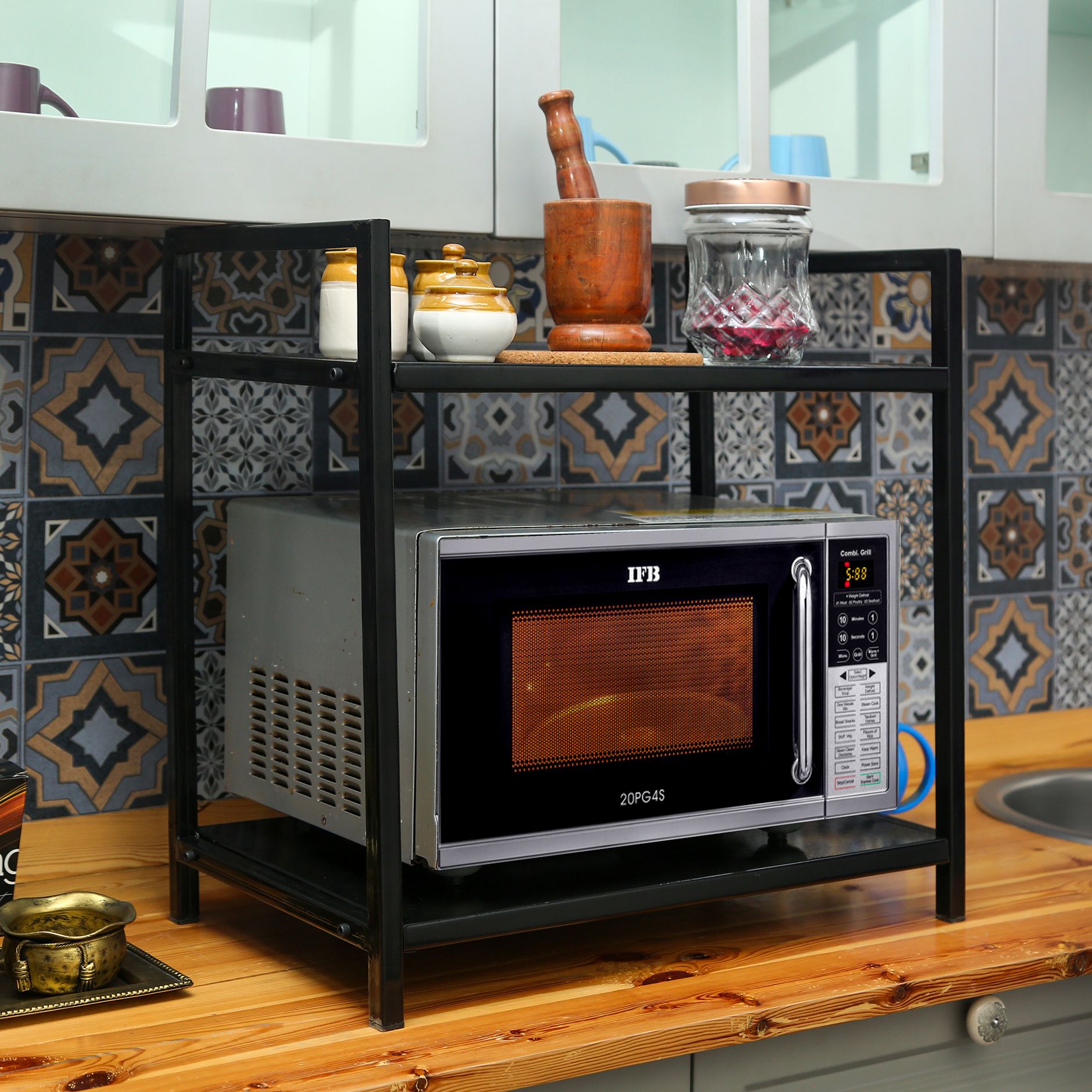 Containers Kitchen Rack 2-Tier Microwave Stand/Storage Rack/OTG Stand for Kitchen/Double Platform Stand Iron-image-6