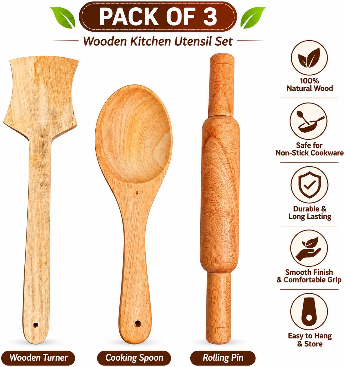 Premium Wooden Kitchen Tool Set with Rolling Pin, Spoon & Turner (Pack of 3) Kitchen Tool Set-image-8
