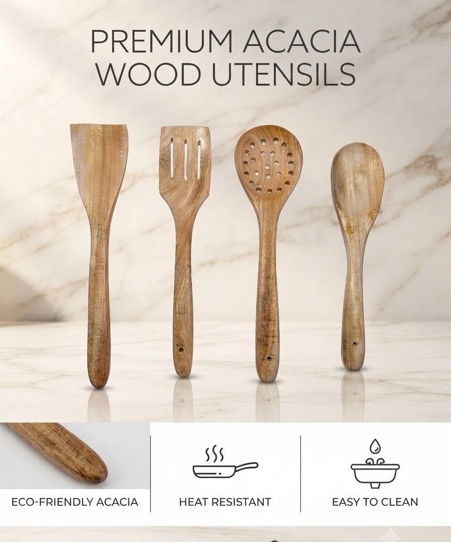 unique art and handicrafts Nonstick Wooden Cooking Spoons Set Of 4 Pcs | Washable | Heat Resistant Kitchen Tool Set-picture-19