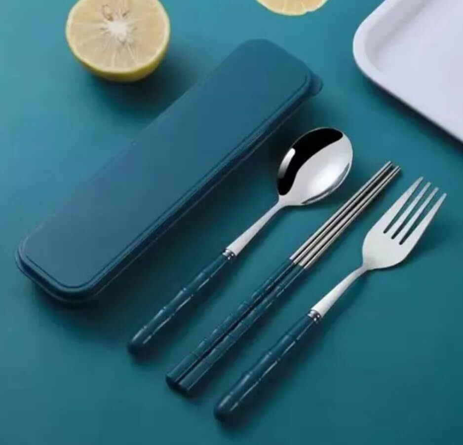 Cutlery Set for Lunch Box 3 Pcs tainless Steel Spoon, Chopsticks with Travel Box Disposable Stainless Steel Cutlery Set-image-14
