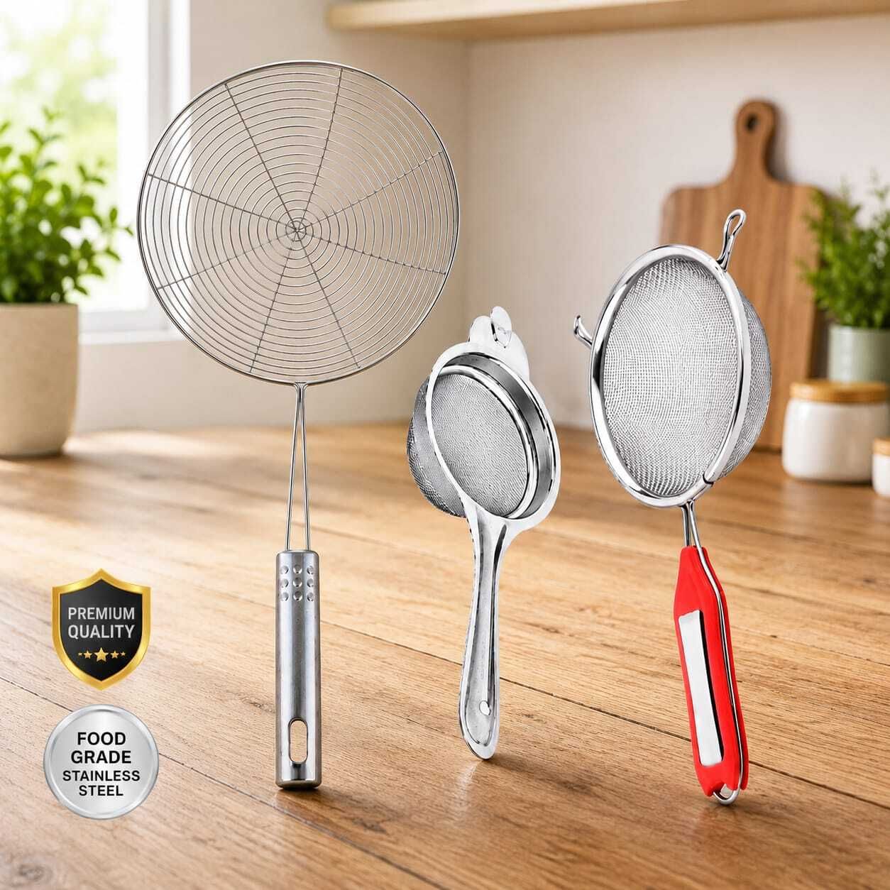 ffront Stainless Steel Soup Strainer with Deep Fry Strainer and Tea Strainer(Pack of 3) Kitchen Tool Set-picture-2