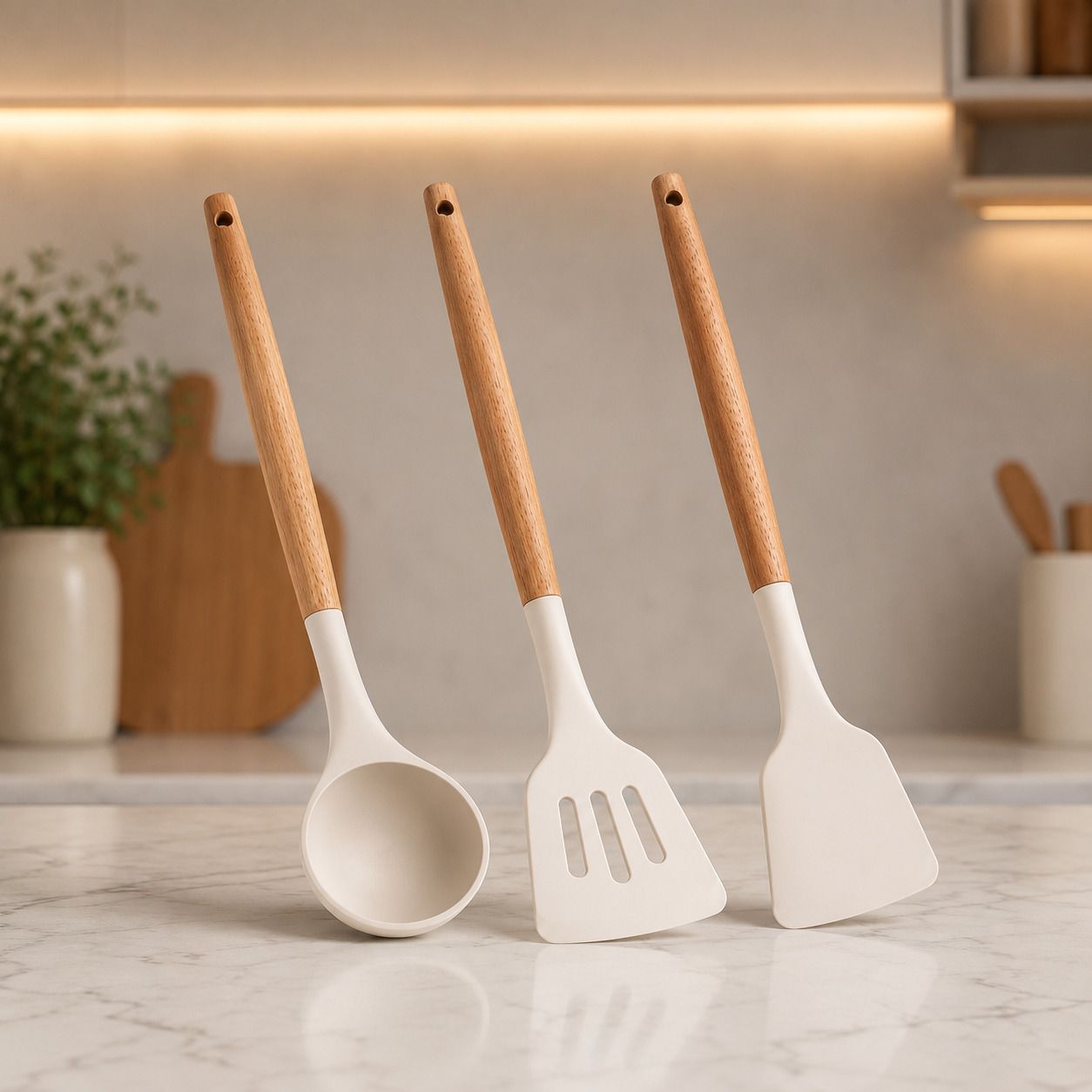Premium Wooden Handle Silicone Kitchen Cooking Set Spatula Turner Ladle 3 Pcs Kitchen Tool Set-image-8