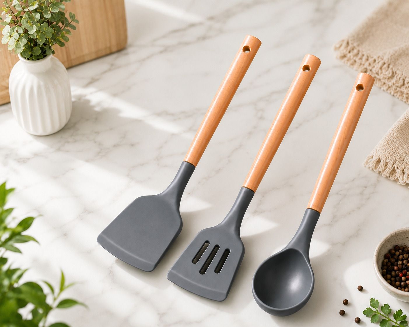 Premium Silicone Kitchen Utensil Set 3PCS Wooden Handle Non Stick Cookware Safe Kitchen Tool Set-image-20