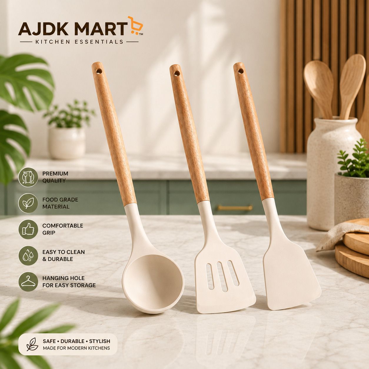 Silicone Cooking Spoon Set Wooden Handle Kitchen Accessories 3 Piece Set Kitchen Tool Set-image-14