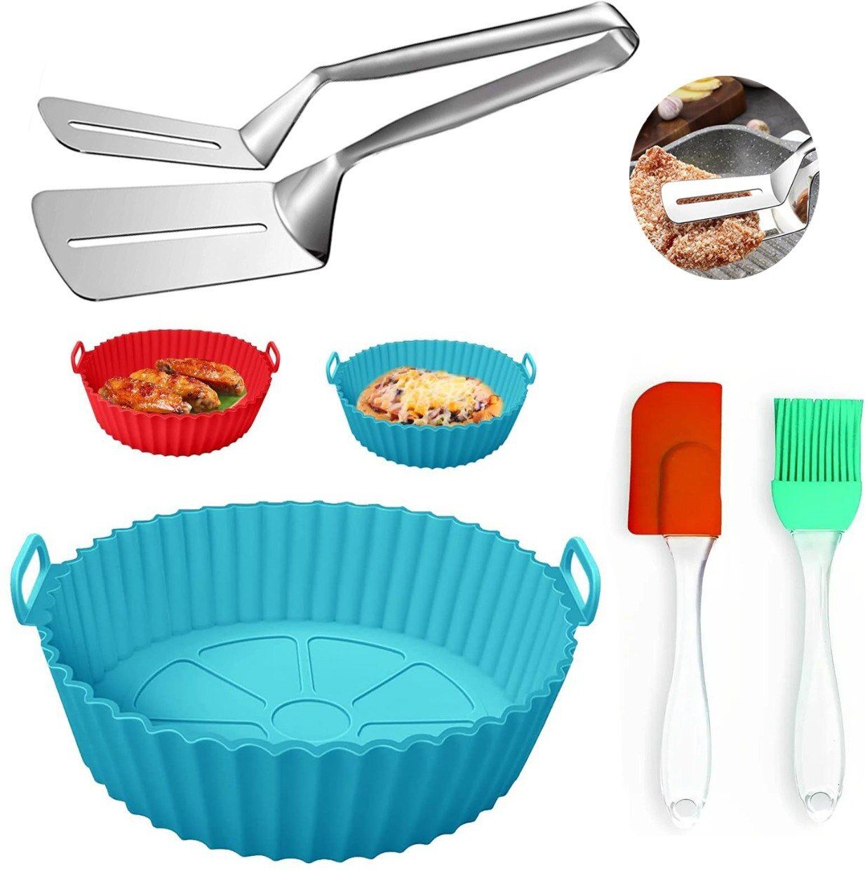 Sillicone air fryer baking tray + Stainless Steel tong & Oil Brush Spatula Airfryer Tray-image-11