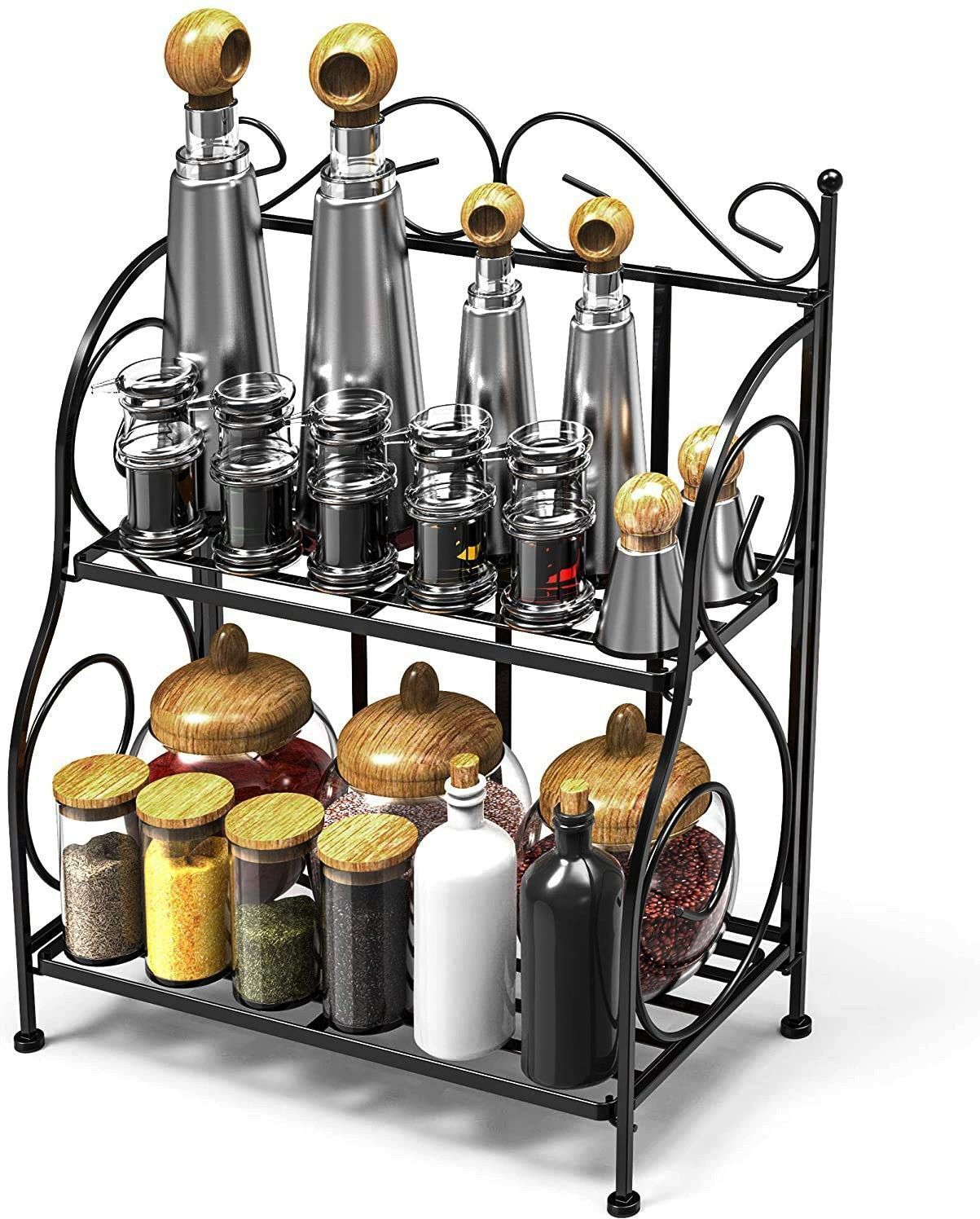 2-Tier Black Metal Spice Rack with Decorative Scroll Design for Kitchen Stainless Steel Kitchen Trolley-image-7