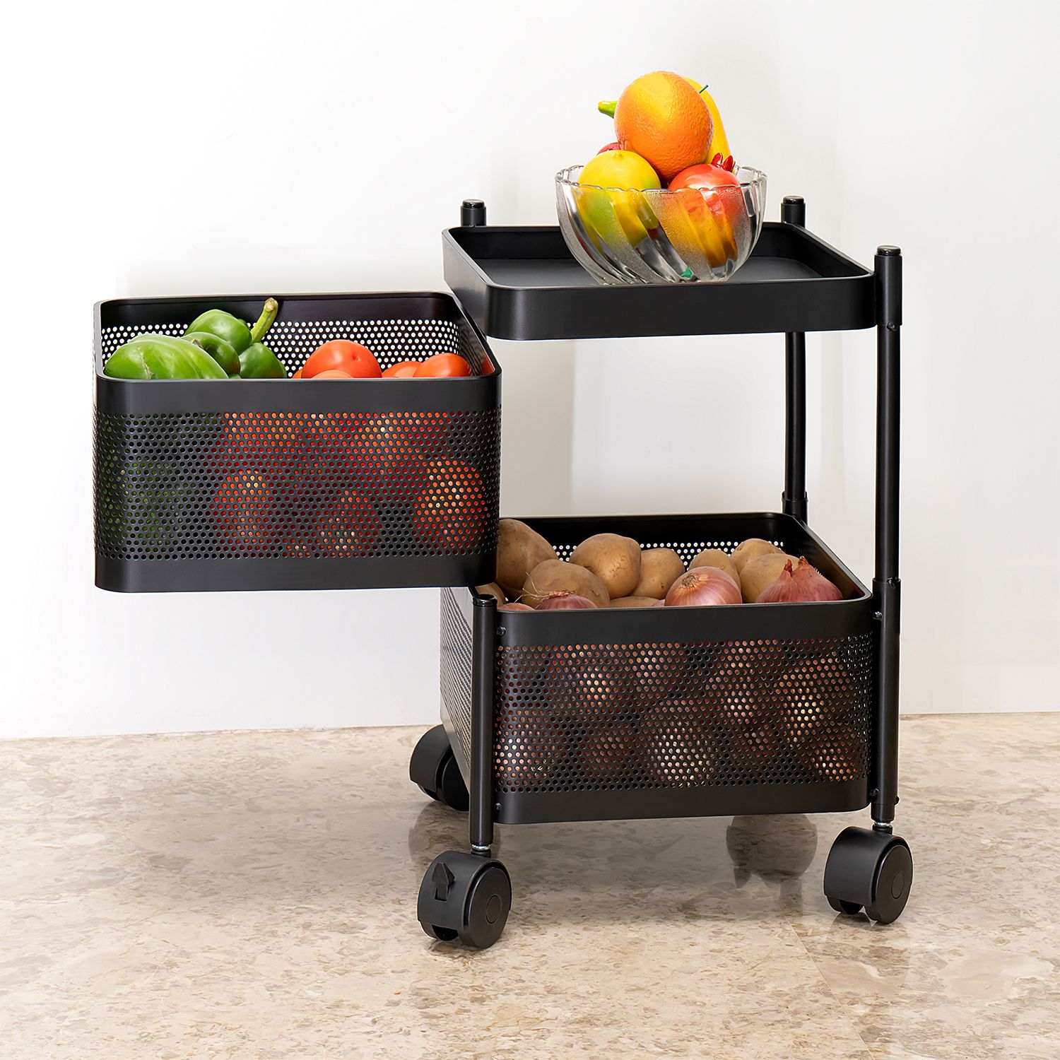 2 Layer Fruit Vegetable Stand Basket Kitchen Rotating Trolley Onion Potato Stand Iron Kitchen Trolley