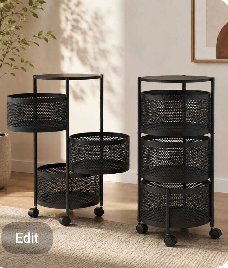 ateefa home decor 3-Tier Rotating Mesh Storage Cart with Wheels, Round Rolling Organizer, Black Stainless Steel Kitchen Trolley-picture-14