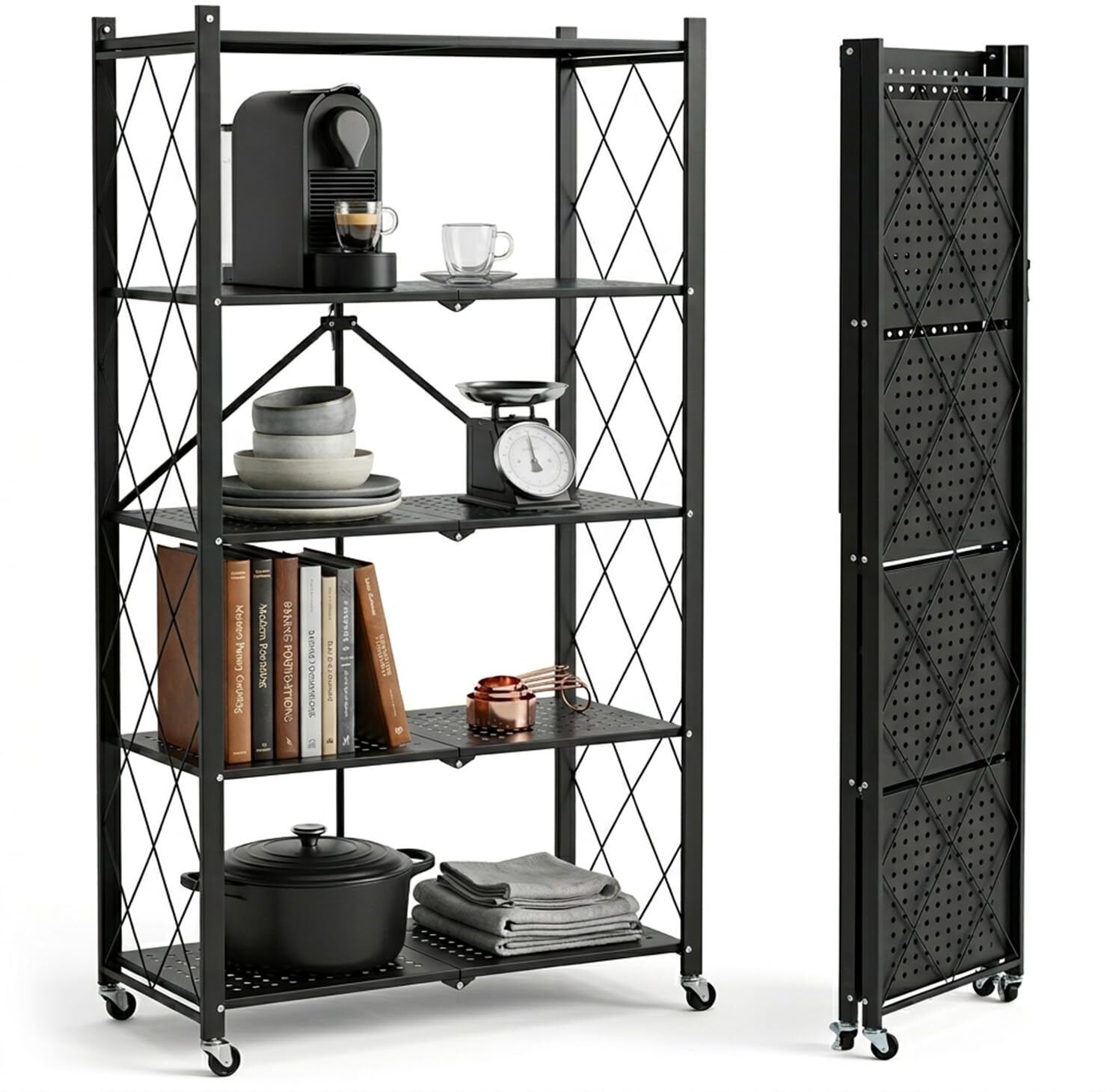 5-Tier Multipurpose Foldable Kitchen Storage Rack with Wheels Carbon Steel Kitchen Trolley-image-37