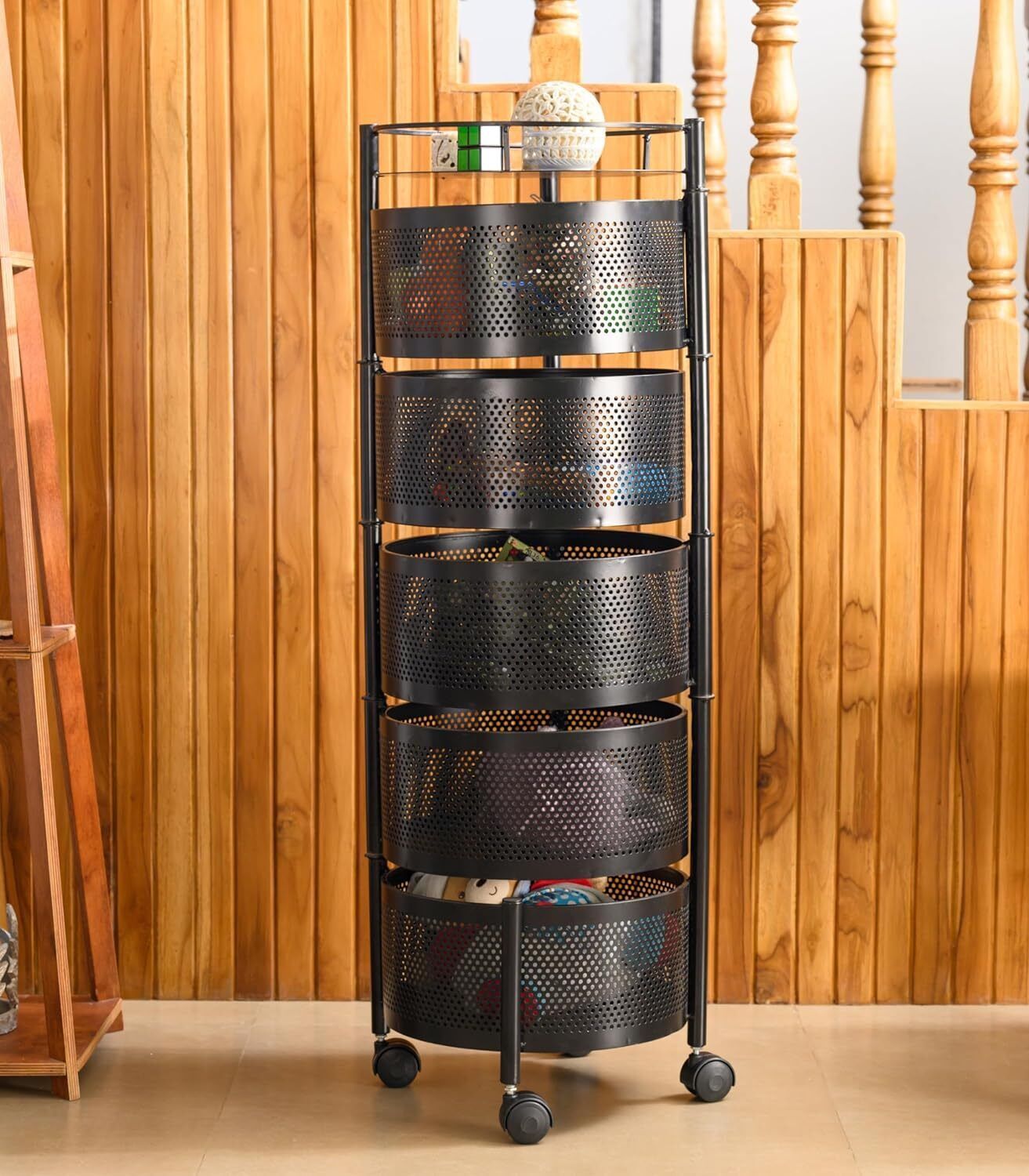 5 Layer Kitchen Trolley Storage Rack Round Design Fruits & Vegetable Basket Iron Kitchen Trolley