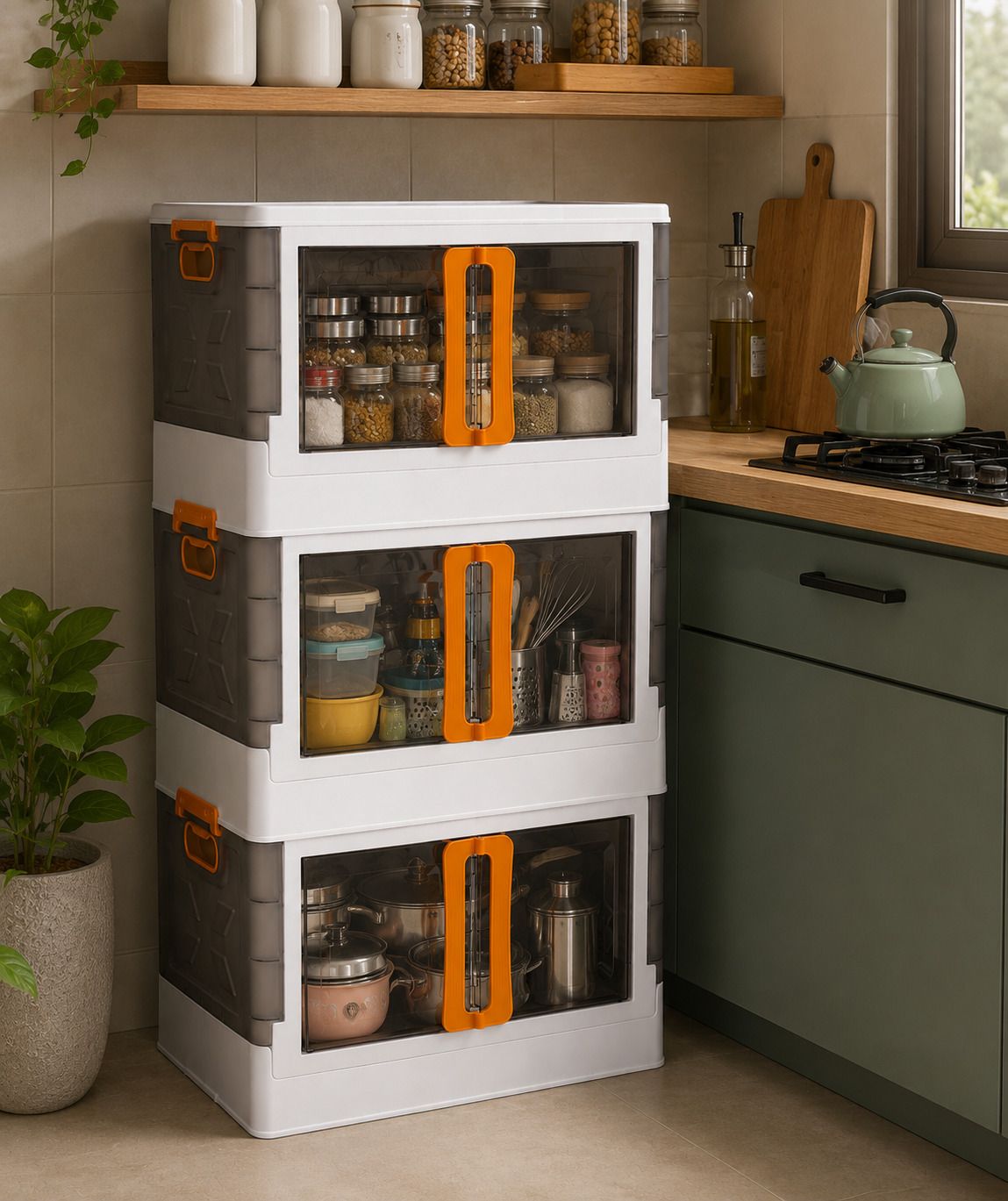 ak10zone 3 LAYER Foldable Storage Box with Front Double Door Plastic Kitchen Trolley-picture-10