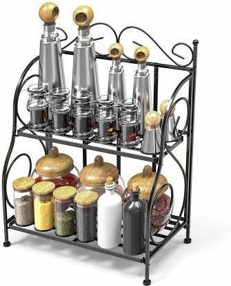 2-Tier Black Metal Spice Rack with Decorative Scroll Design for Kitchen Stainless Steel Kitchen Trolley-image-8