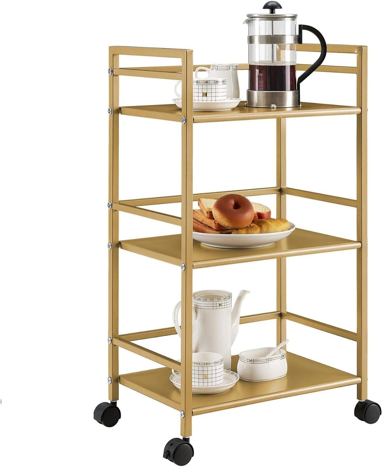 3-Tier Heavy Duty Metal Rolling Cart with Wheels | Gold Color Iron Kitchen Trolley-image-1