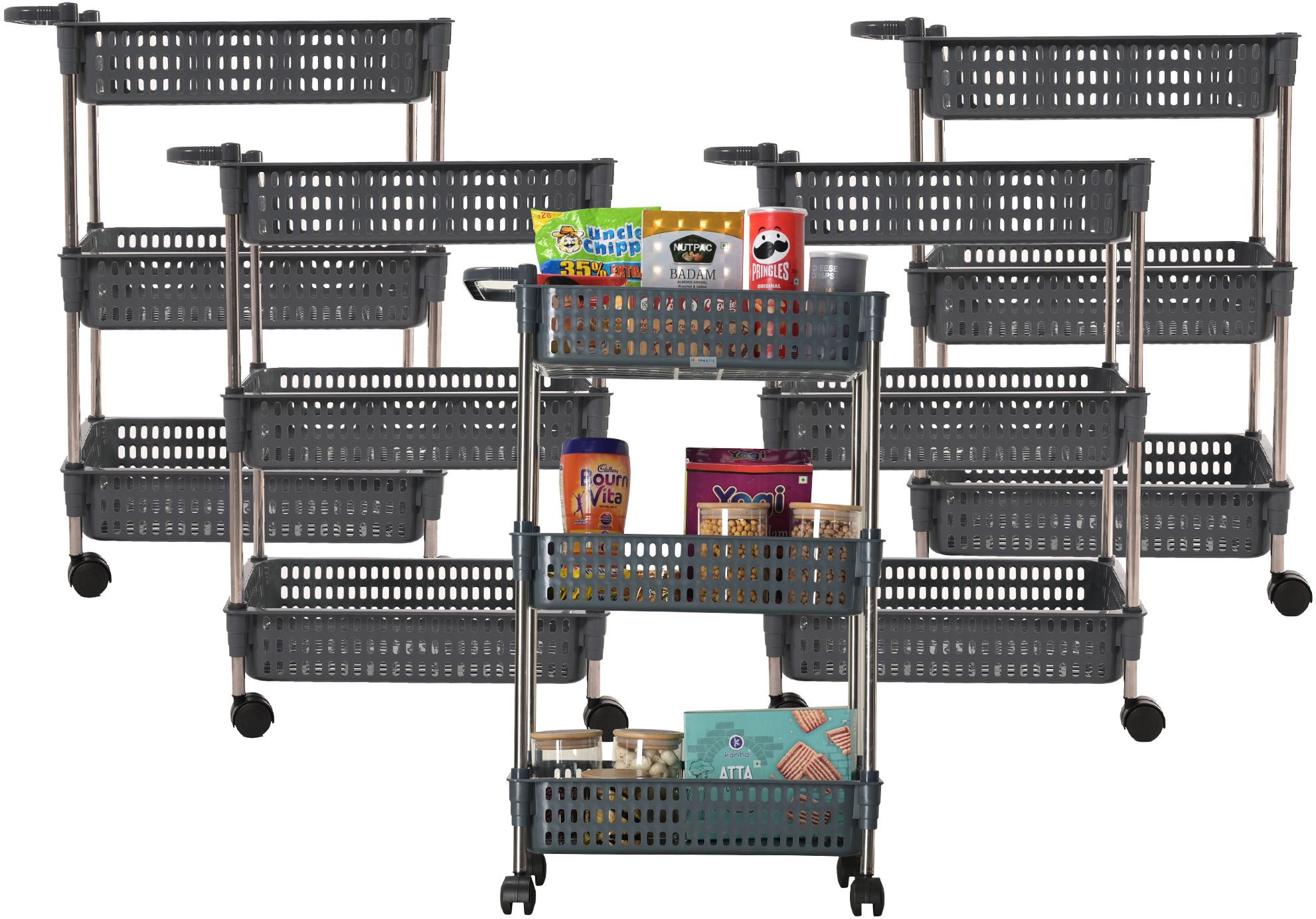 homestic Pack of 5 Multipurpose 3-Layer Storage Revolving Rack with Wheels | Grey Plastic Kitchen Trolley-picture-17