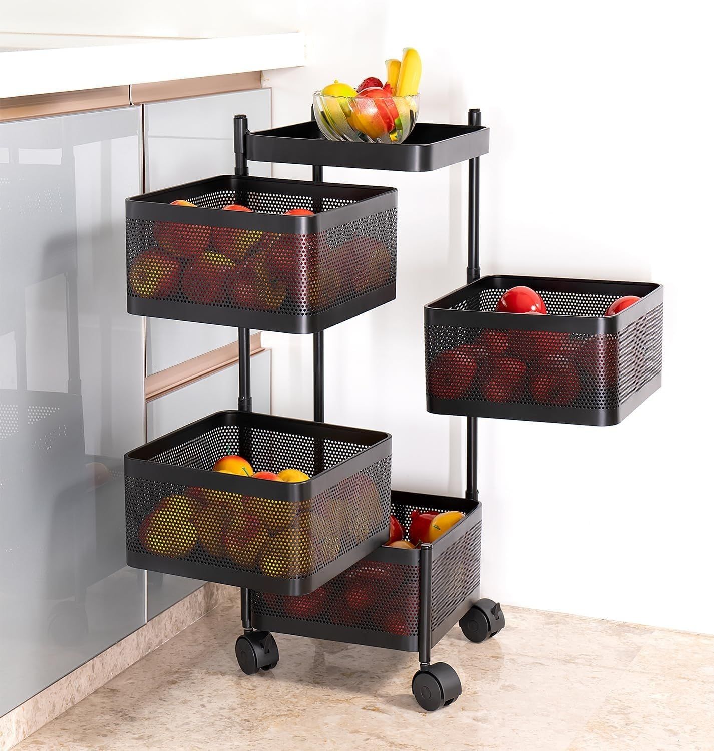 zzuni Kitchen Trolley with Wheels | 3-Layer Metal Vegetable Basket Stand Cast Iron Kitchen Trolley-picture-48