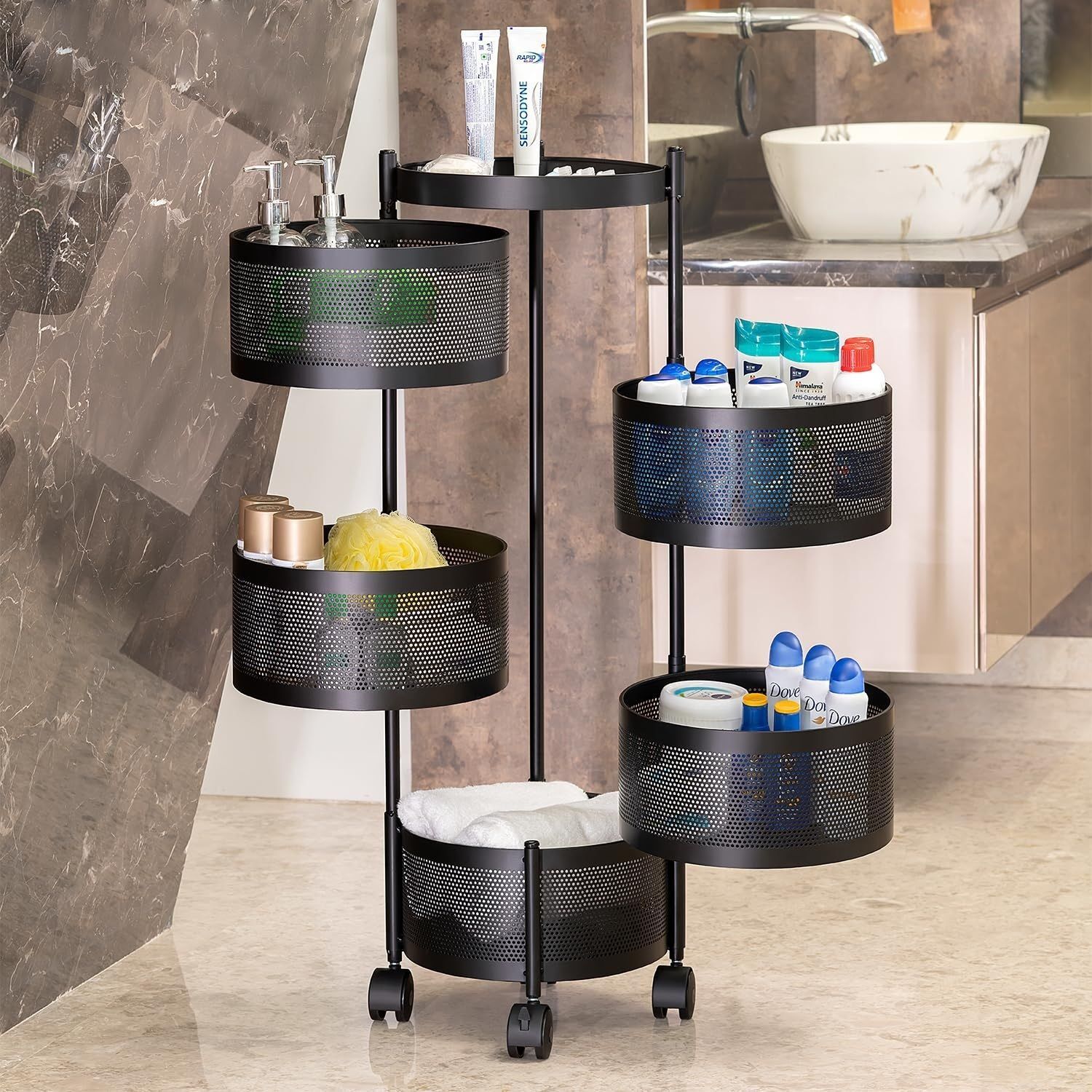 unique international 5 Layer Kitchen Trolley Storage Rack Round Design Fruits & Vegetable Basket Iron Kitchen Trolley-picture-47