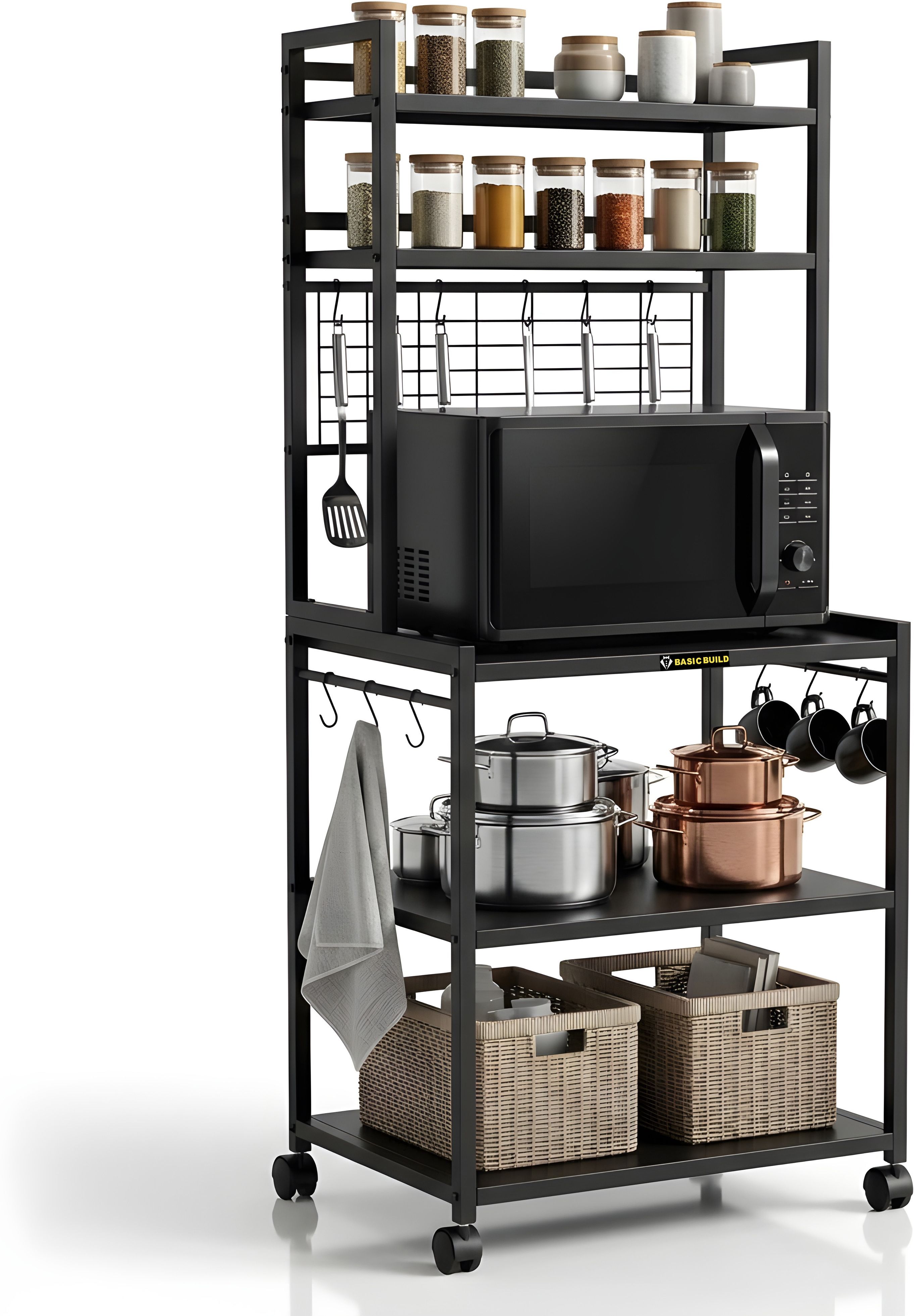 basic builds 5-Tier Kitchen Storage Rack with Microwave Stand and Wheels Cast Iron Kitchen Trolley-picture-12