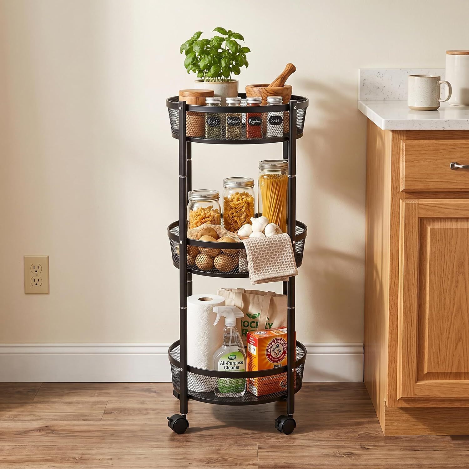 aloxe ventures 3 Tier Kitchen Trolley with Wheels, Foldable Mesh Basket Trolley Iron Kitchen Trolley-picture-47