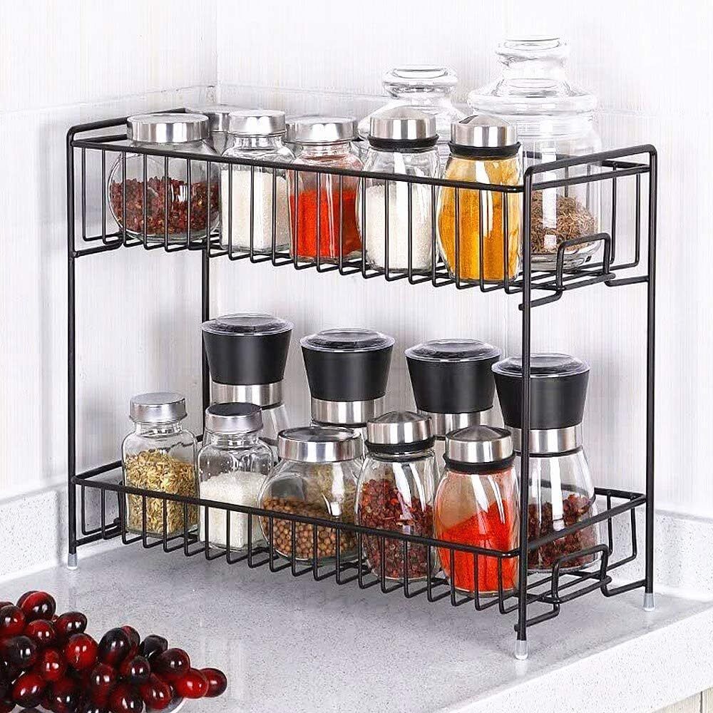 s-b-s store Spice Rack 2 Tier Kitchen Countertop Organizer ( Black ) Iron Kitchen Trolley-picture-12