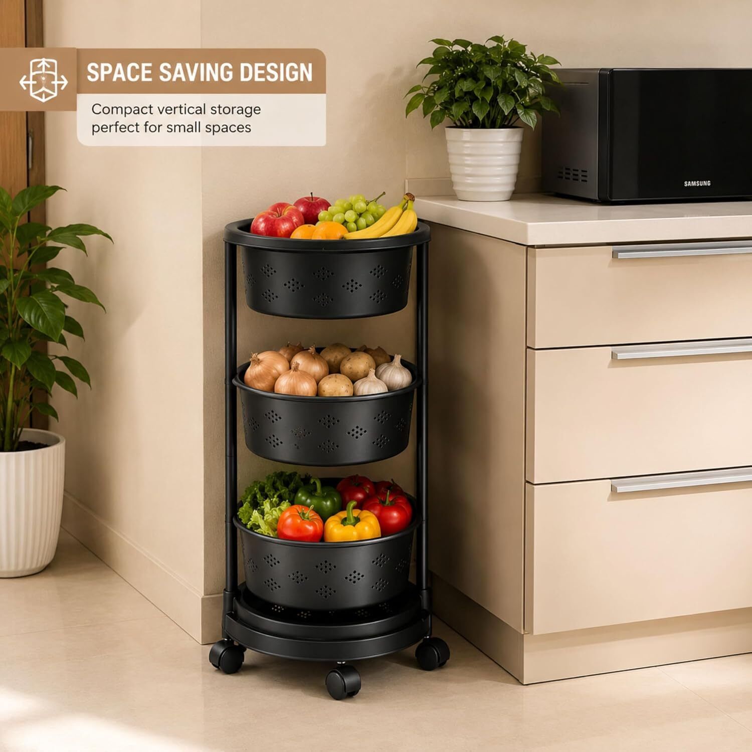 homlzo 360° Rotating Kitchen Trolley Multipurpose Vegetable Storage Rack with Wheels Iron Kitchen Trolley-picture-22