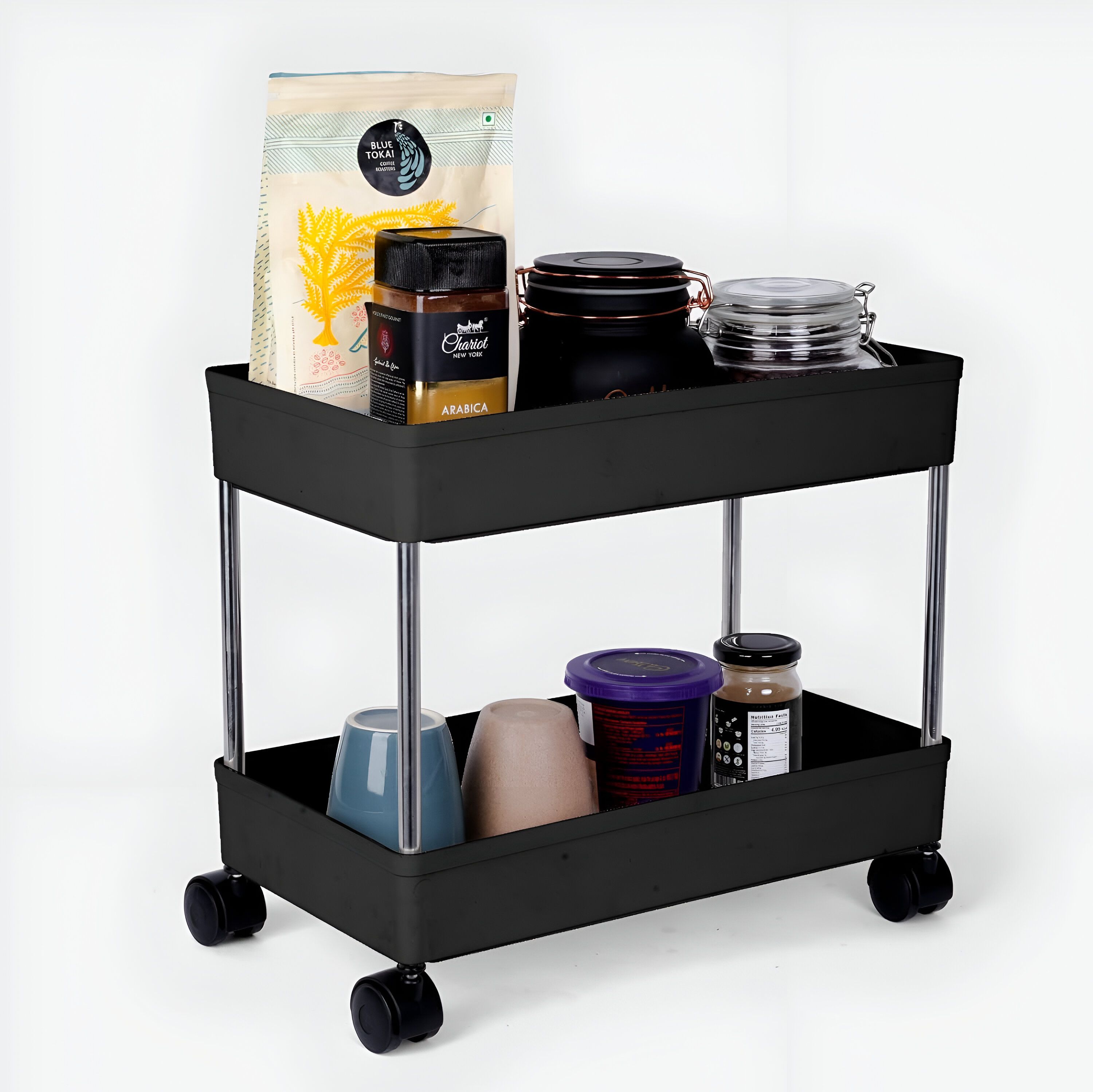 homanta Popular 2 Layer Portable Modern Fruit & Vegetable Basket Plastic, Steel Kitchen Trolley-picture-11