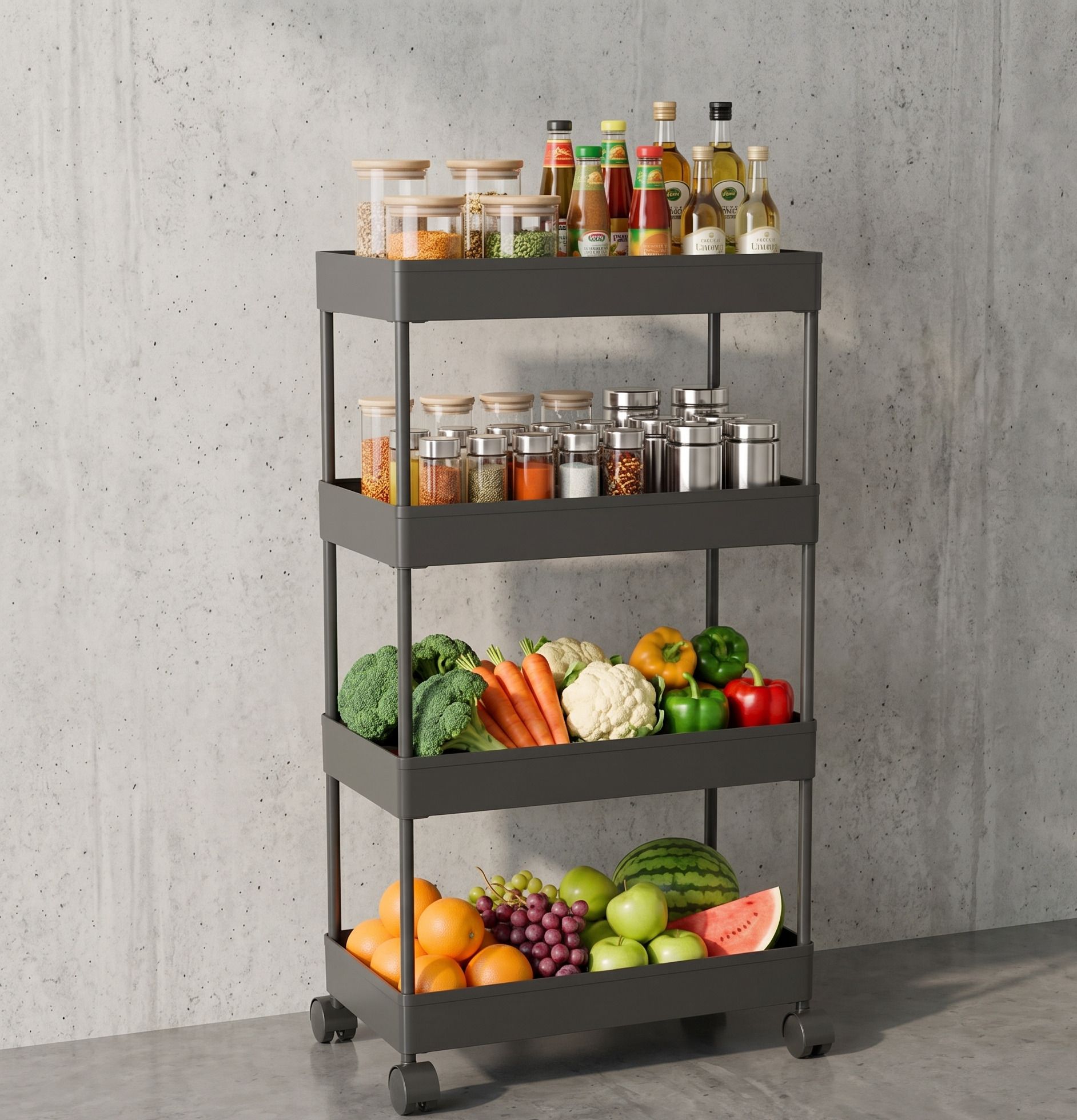 4 Tier Kitchen Storage Trolley with Wheels Metal Organizer Rack Black Steel Kitchen Trolley-image-38